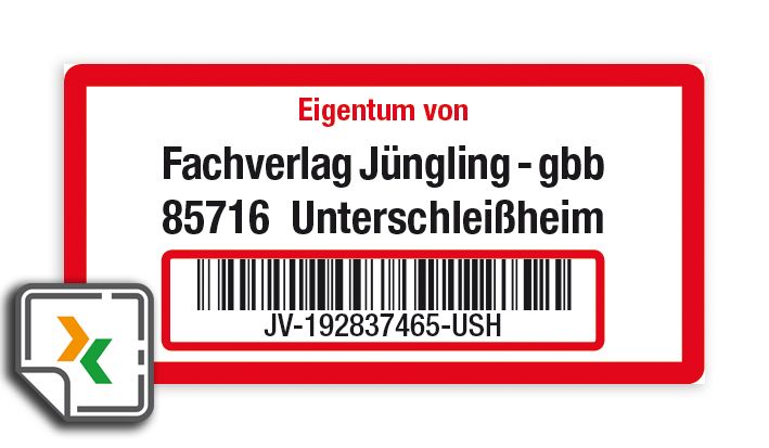 Inventaretikett, mit Barcode und Klarschrift, Farbe: rot