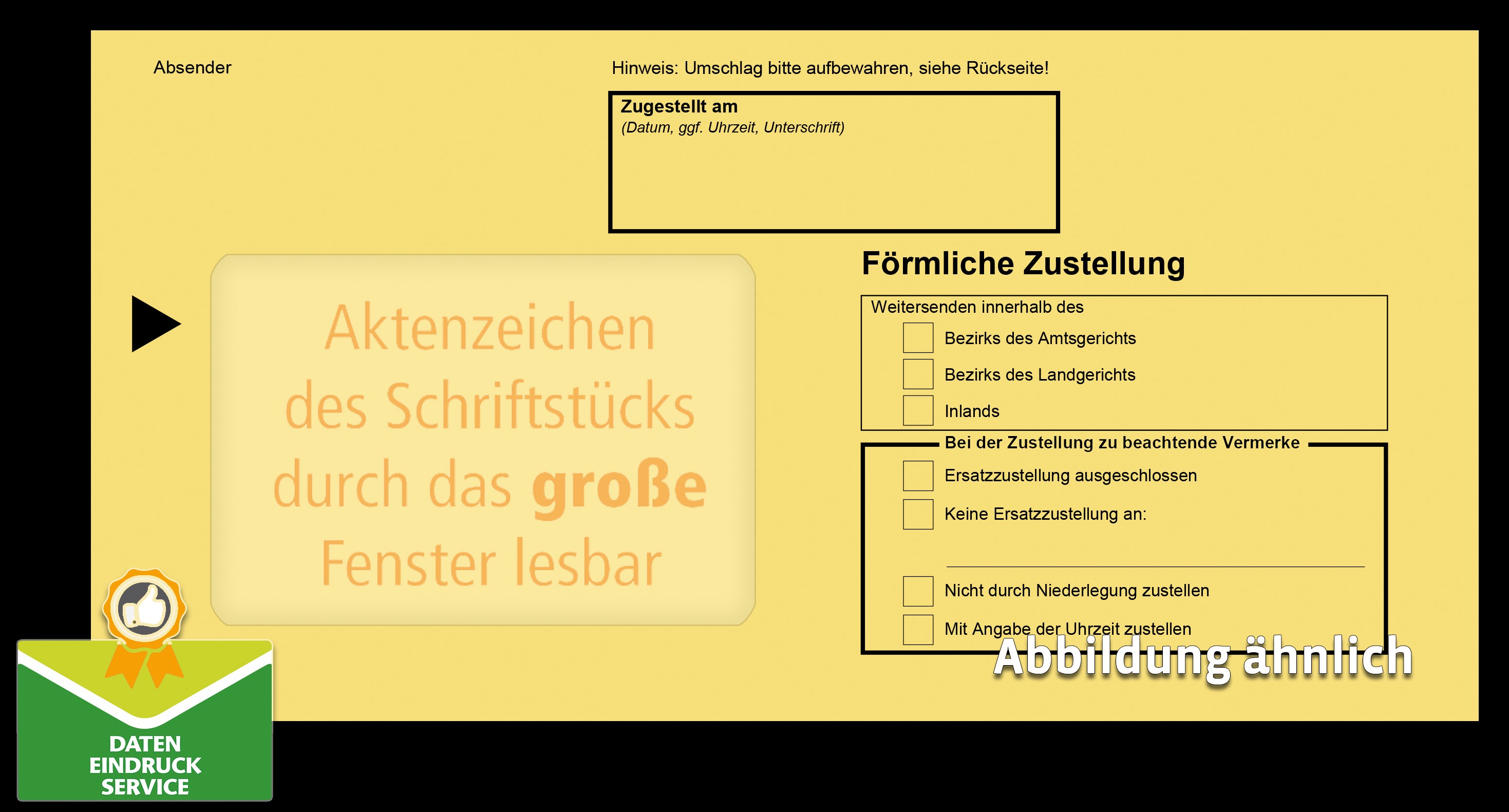 Förmliche Zustellung: Innerer Umschlag mit gr. F., nassklebend, mit Einsteckschlitz, maschinell kuvertierbar, 114 x 229 mm