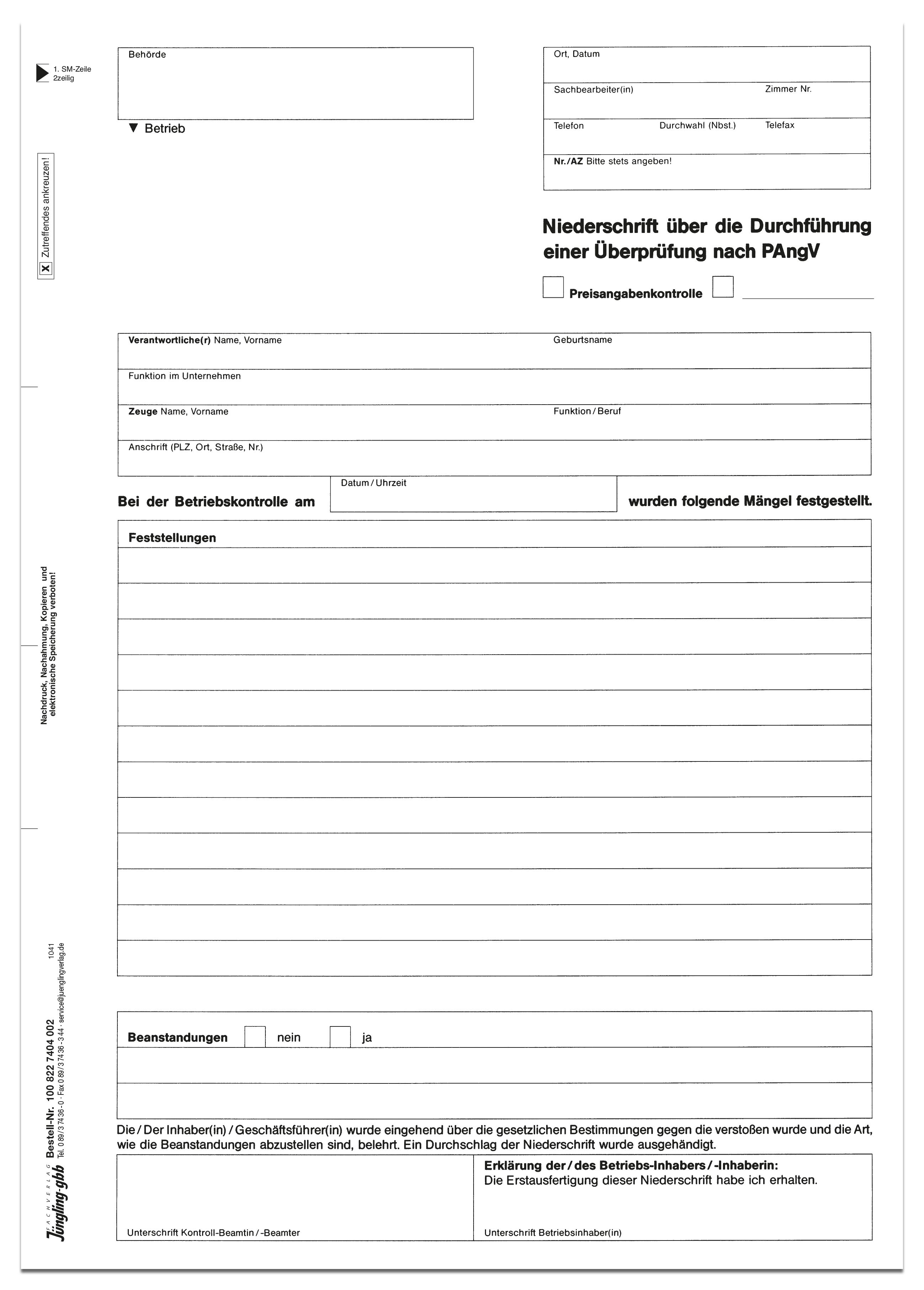 Niederschrift Überprüfung nach Preisangabenverordnung, A4 2-fach