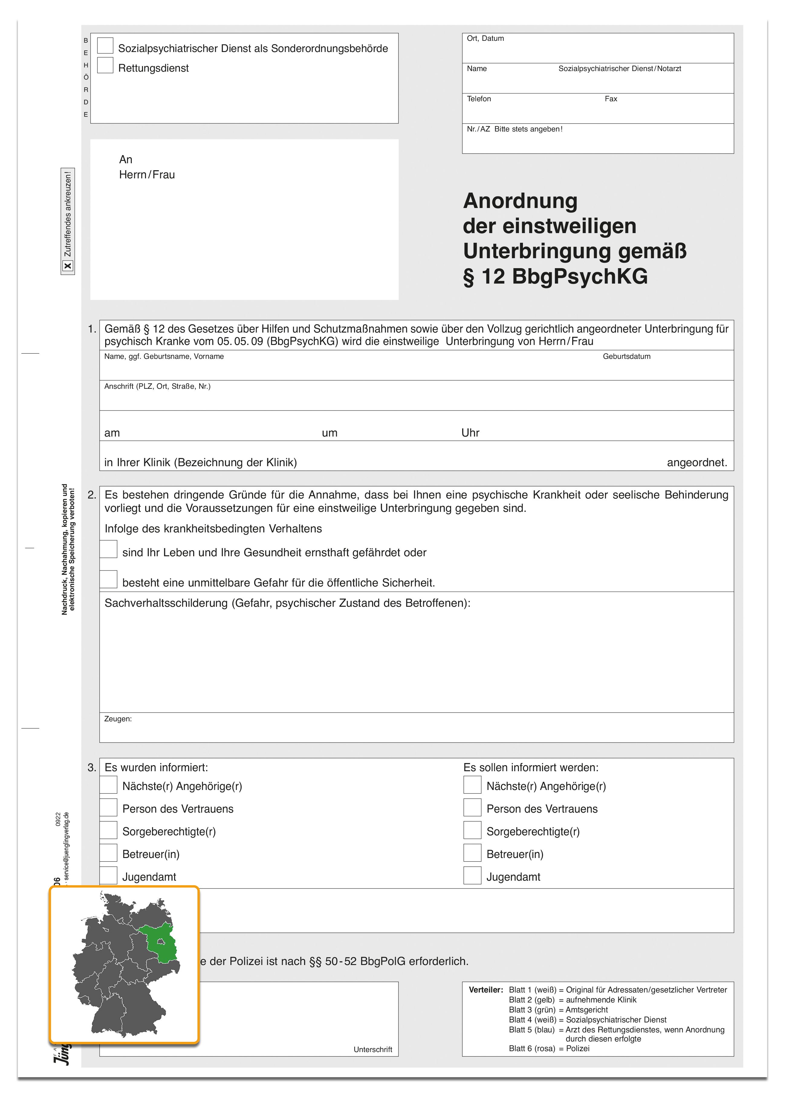 Anordnung sofortige Unterbringung psychisch auffälliger Personen (Brandenburg), A4, 6fach Anordnung sofortige Unterbringung psychisch auffälliger Personen (Brandenburg), A4, 6fach