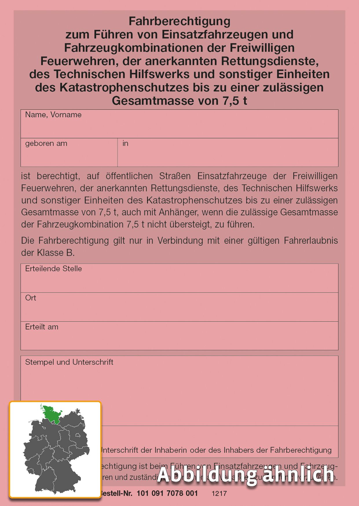Fahrberechtigung für Einsatzfahrzeuge bis 7, 5 t, rosa, DIN A6