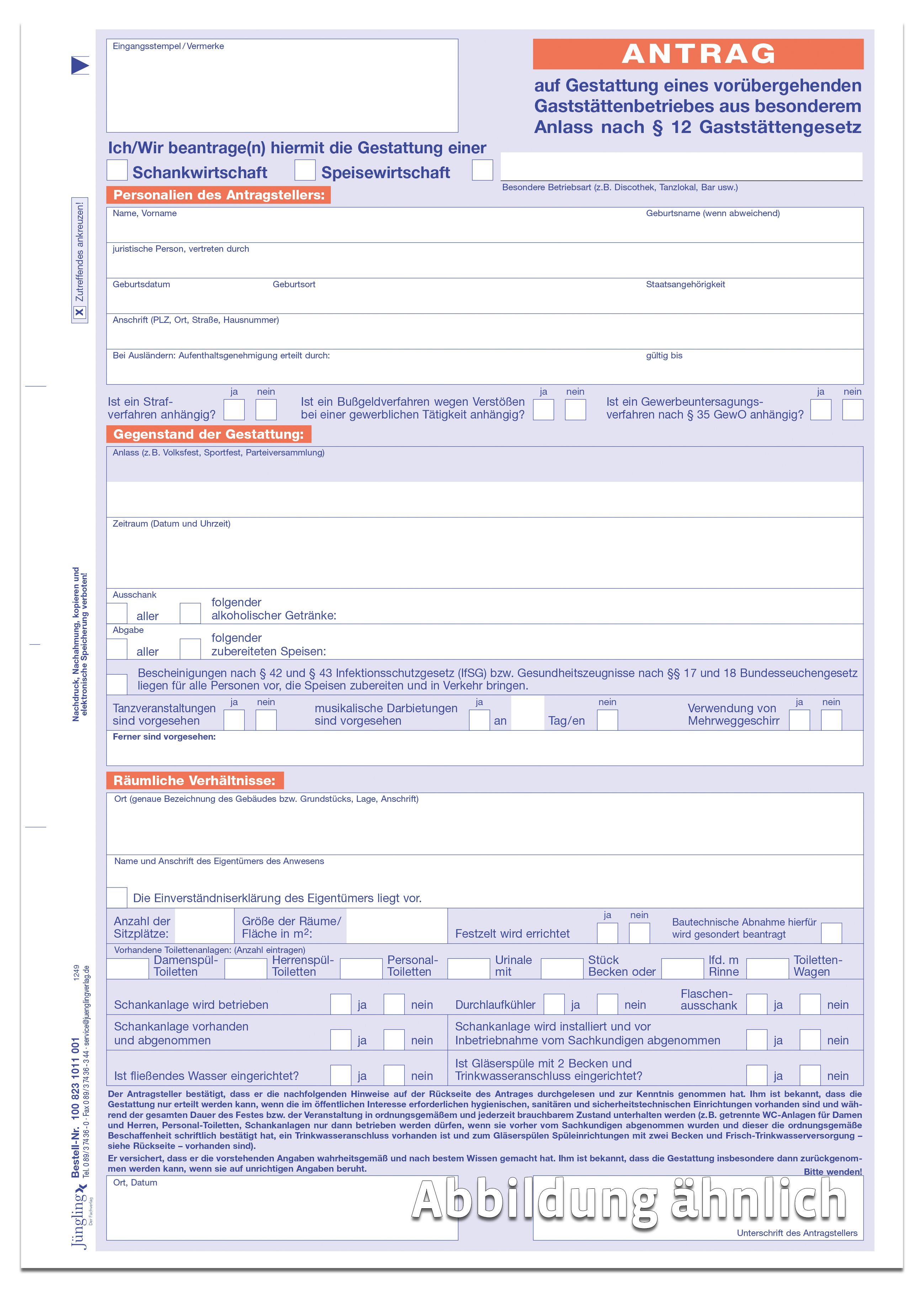 Antrag nach § 12 GastG, zweiseitig, DIN A4