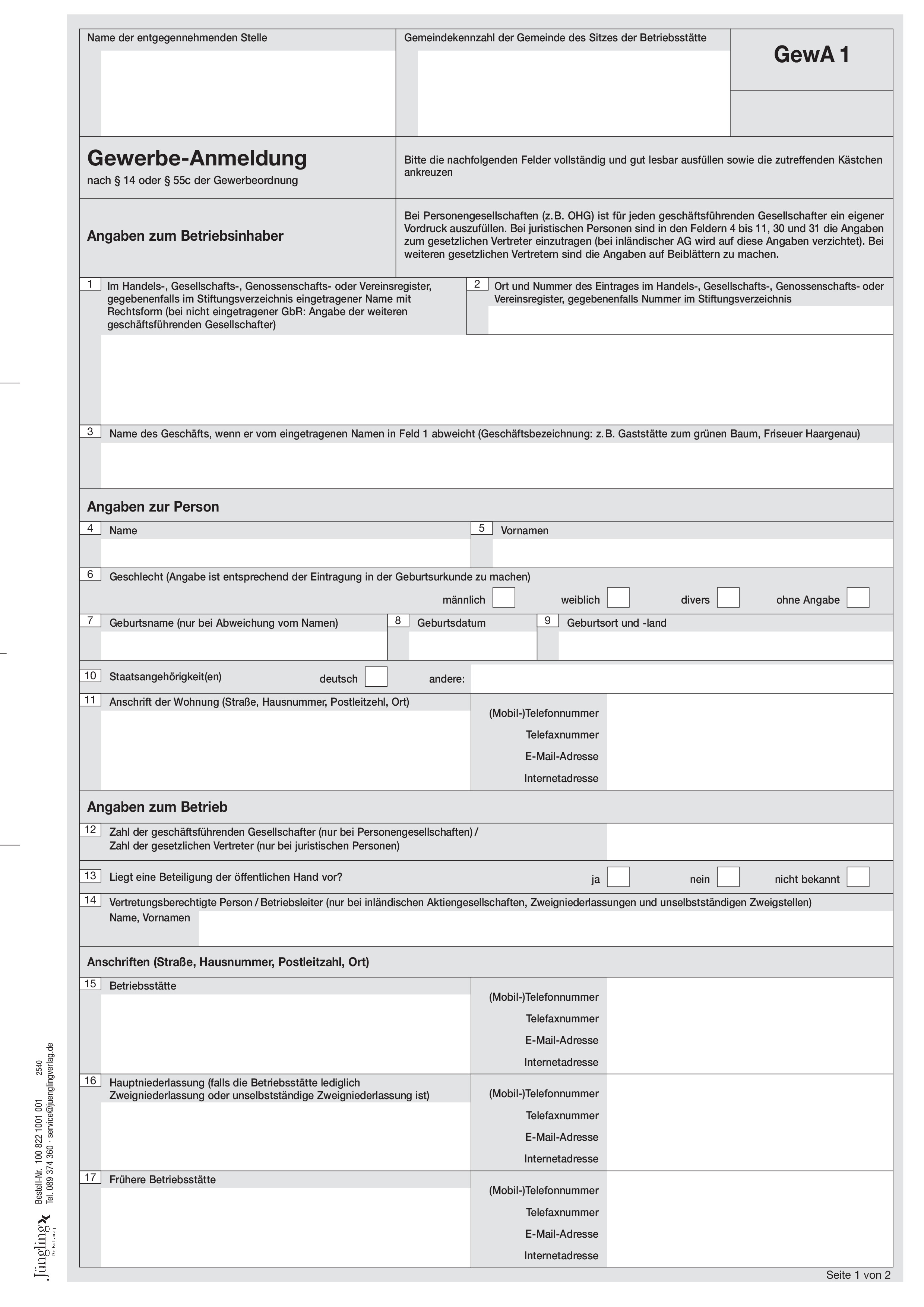 GewA 1 (Gewerbeanmeldung) ab 01.11.2025, A4,