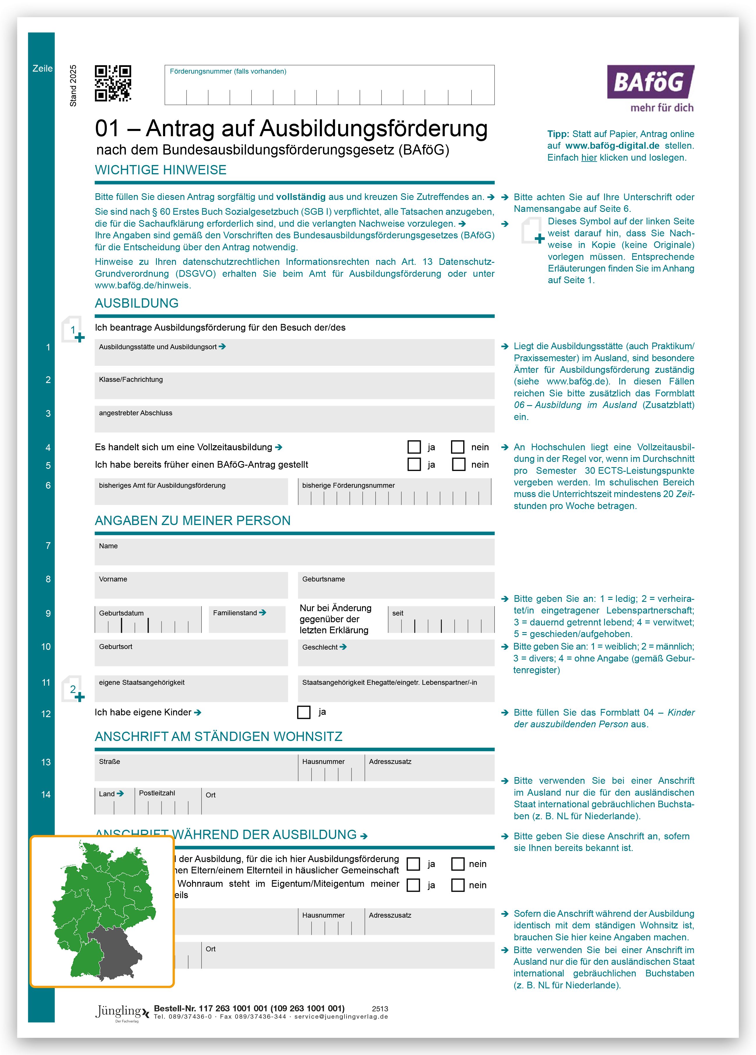 Formblatt 01 - Antrag auf Ausbildungsförderung, 8-seitig mit Perfo