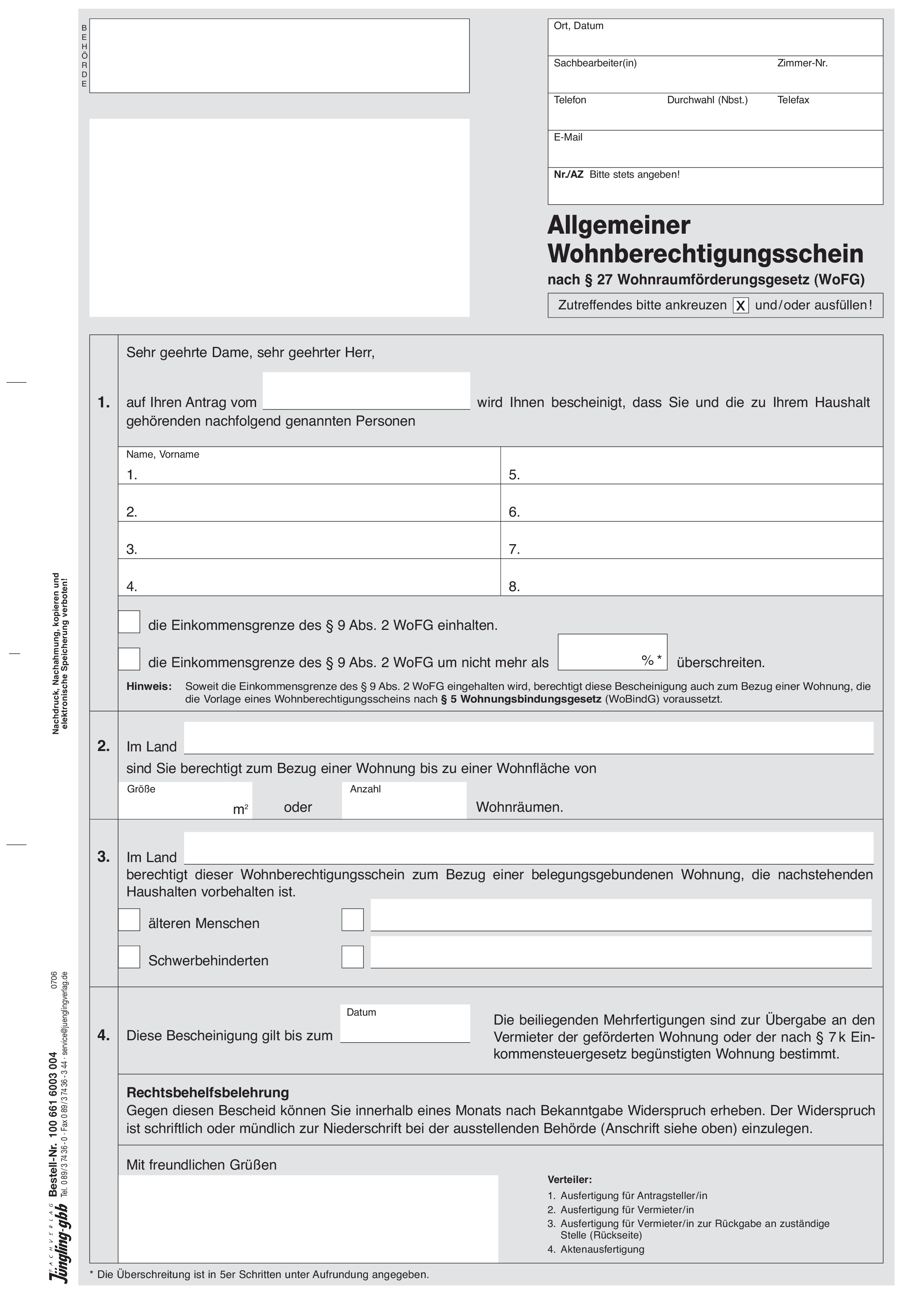 Allgemeiner Wohnberechtigungsschein, A4 4-fach Formularsatz Allgemeiner Wohnberechtigungsschein, A4 4-fach Formularsatz