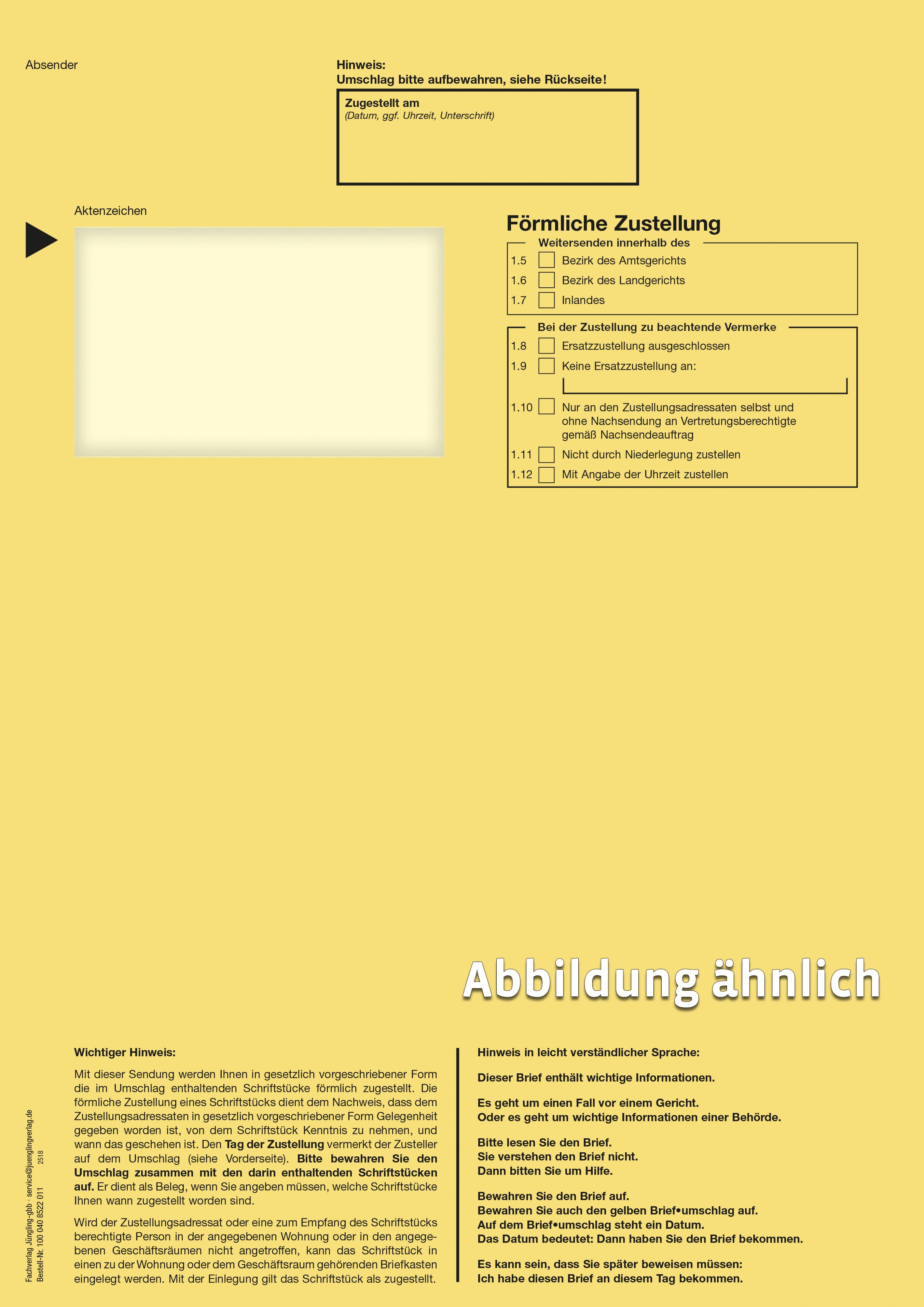 Förmliche Zustellung: Innerer Umschlag mit Dokumentenhülle, C4, gelb