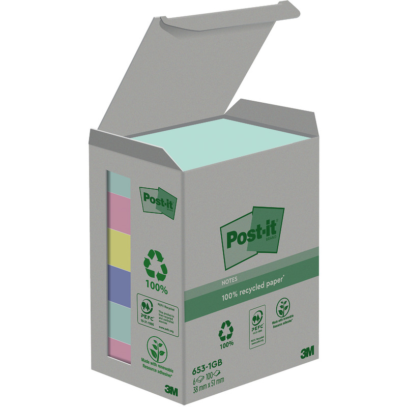 Post-it® Recycling Notes 653-1GB, 38 x 51 mm, mint, flamingopink, gelb, hellblau, Packung: 6 Block