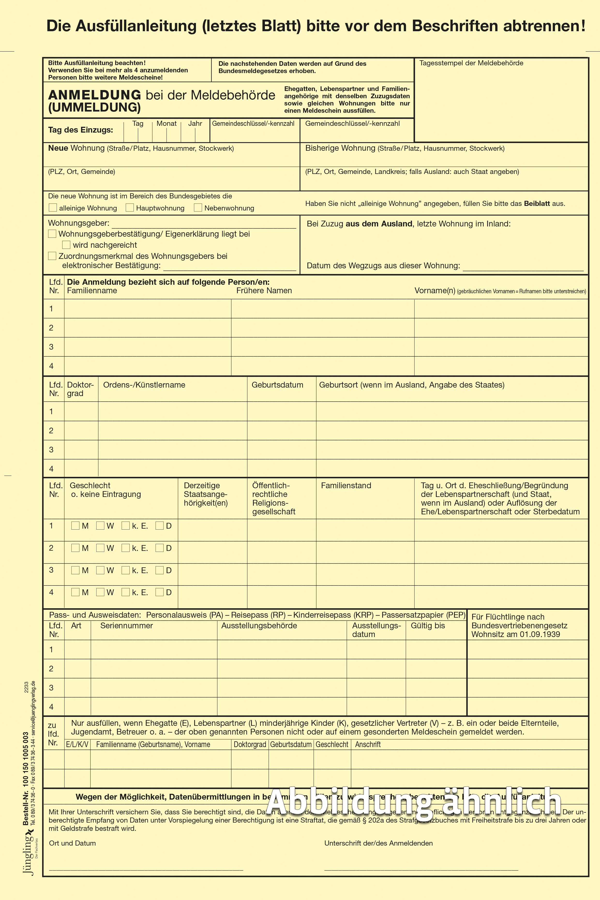 Anmeldung (Ummeldung) bei der Meldebehörde: Original, Kopie, Erläuterungen, gelb, 3-fach SD