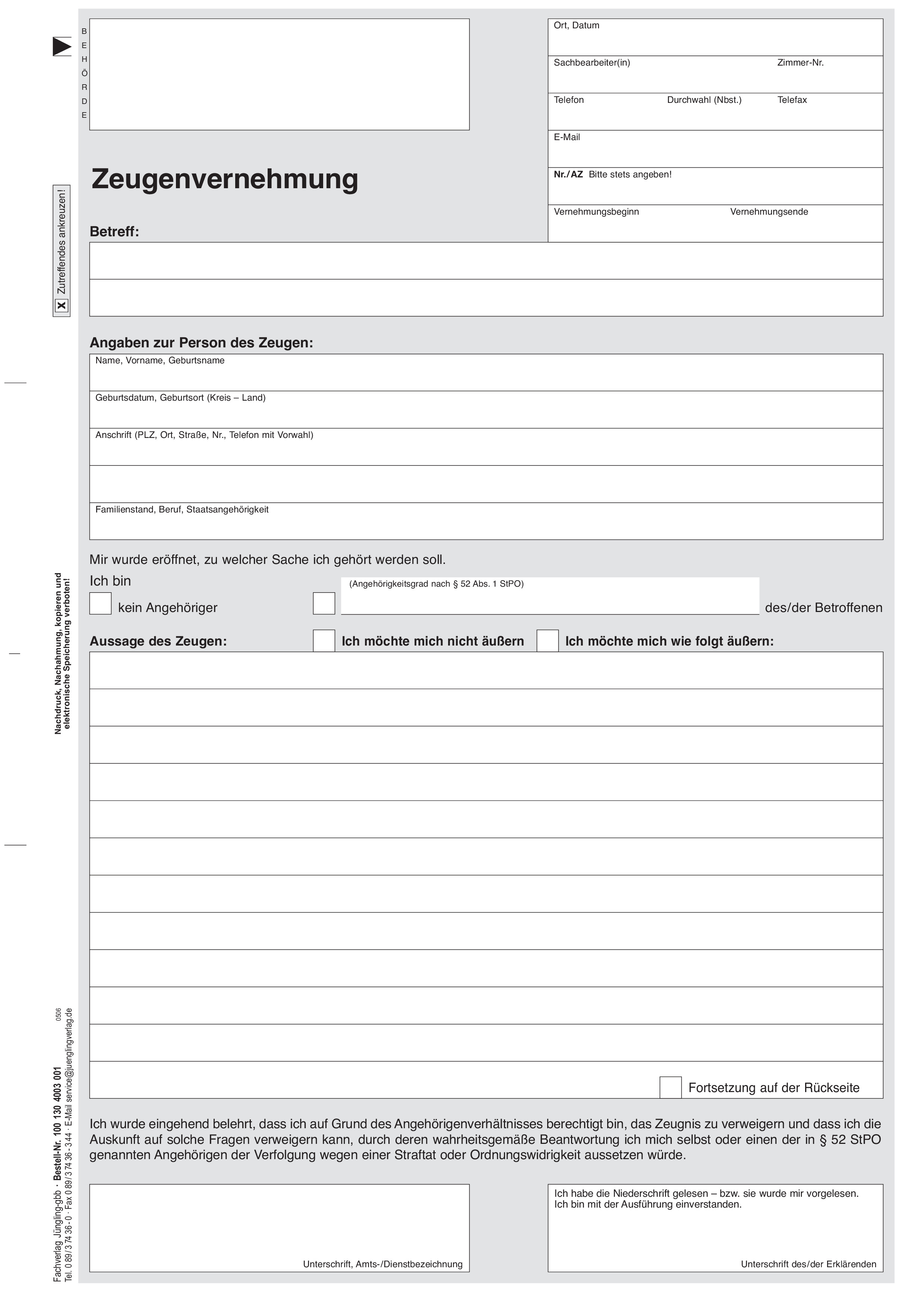 Niederschrift Zeugenvernehmung, A4 Niederschrift Zeugenvernehmung, A4