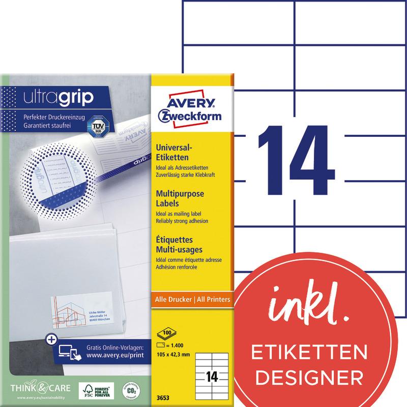 AVERY® Zweckform Universal-Etiketten 3653, permanent haftend, weiß, B x H: 105 x 42, 3 mm, Pack: 1.400 Stück