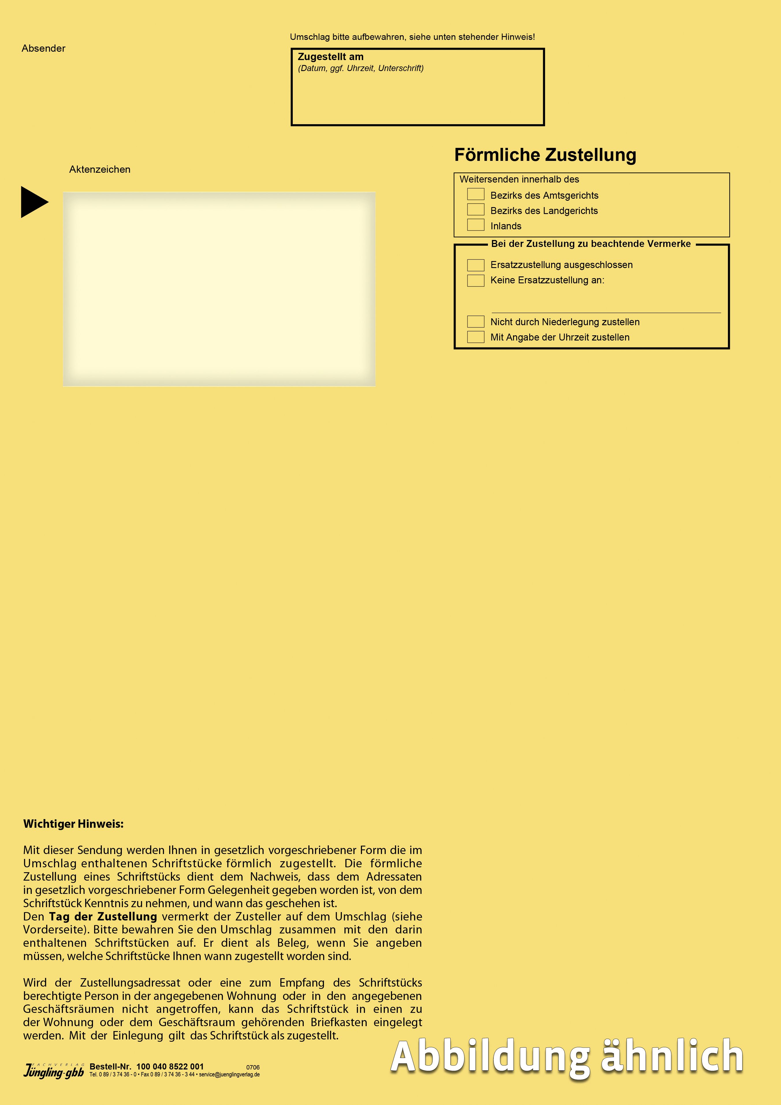 Förmliche Zustellung: Innerer Umschlag mit Dokumentenhülle, C4, gelb