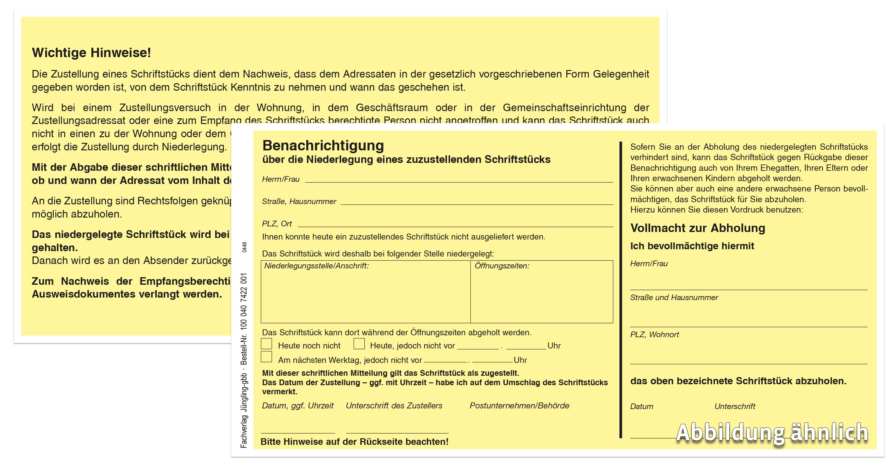 Benachrichtigung über Niederlegung, 176 x 90 mm, gelb