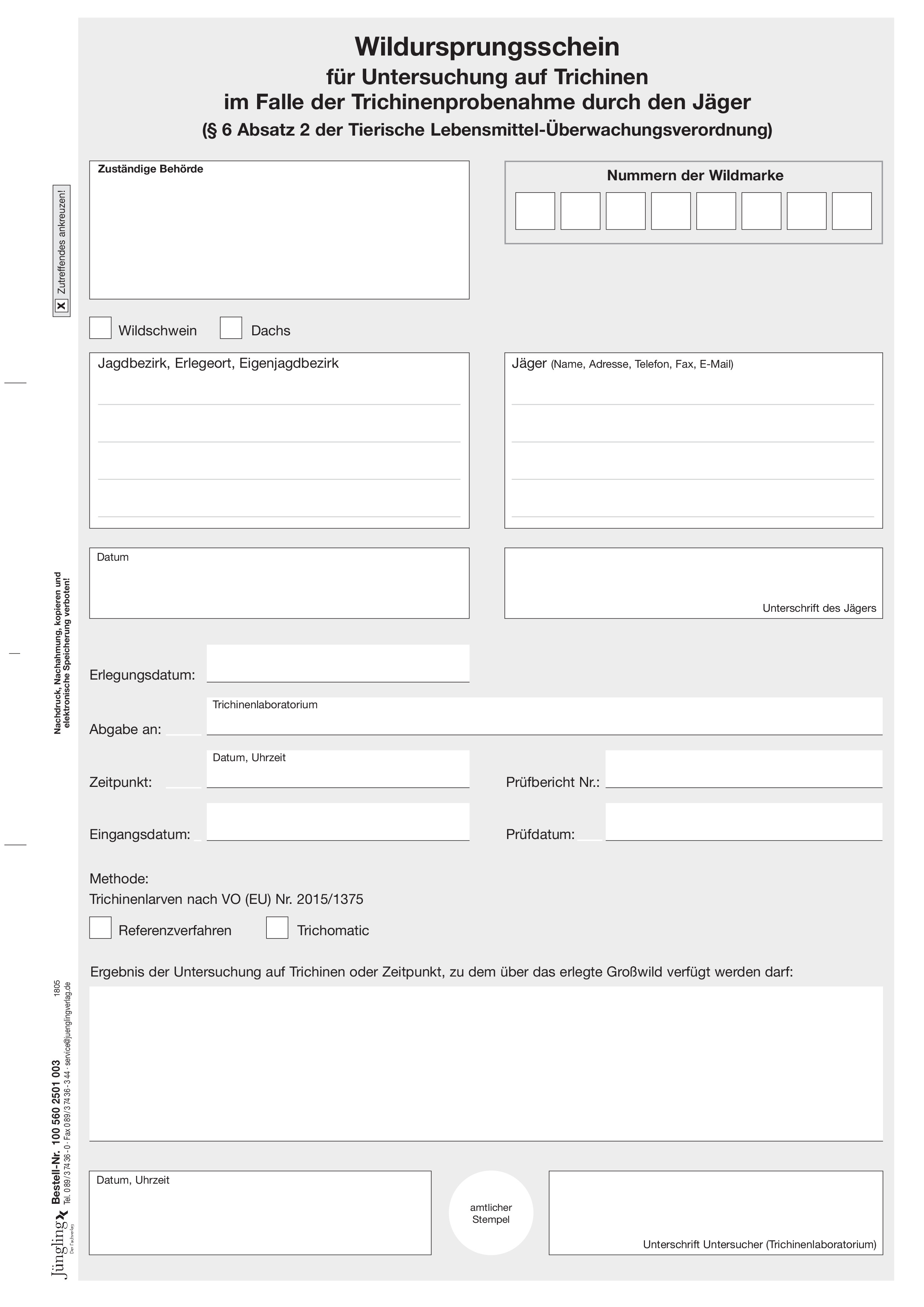 Wildursprungsschein, DIN A4, 3-fach, VO (EU) 2015/1375