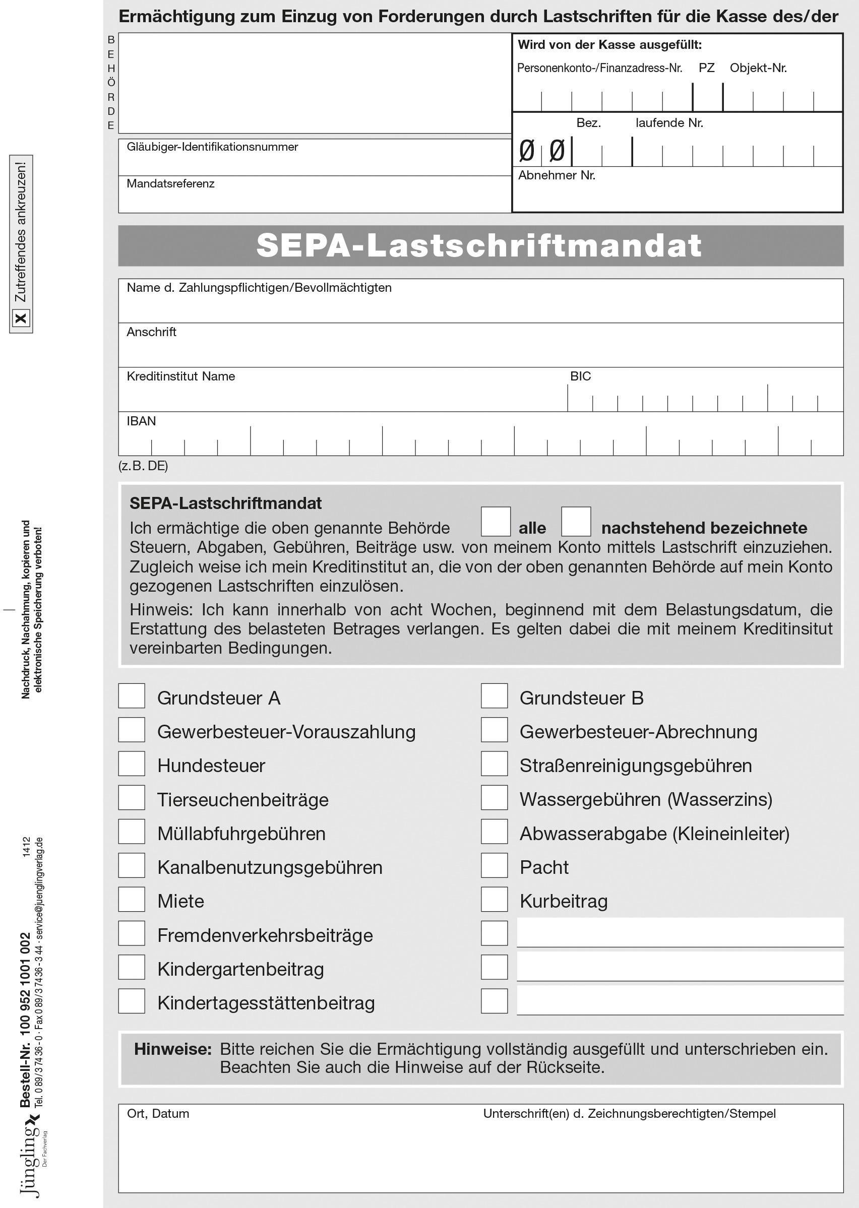 SEPA-Lastschriftmandat mit eingedruckten Abgaben, DIN A5 2-fach, zweiseitig