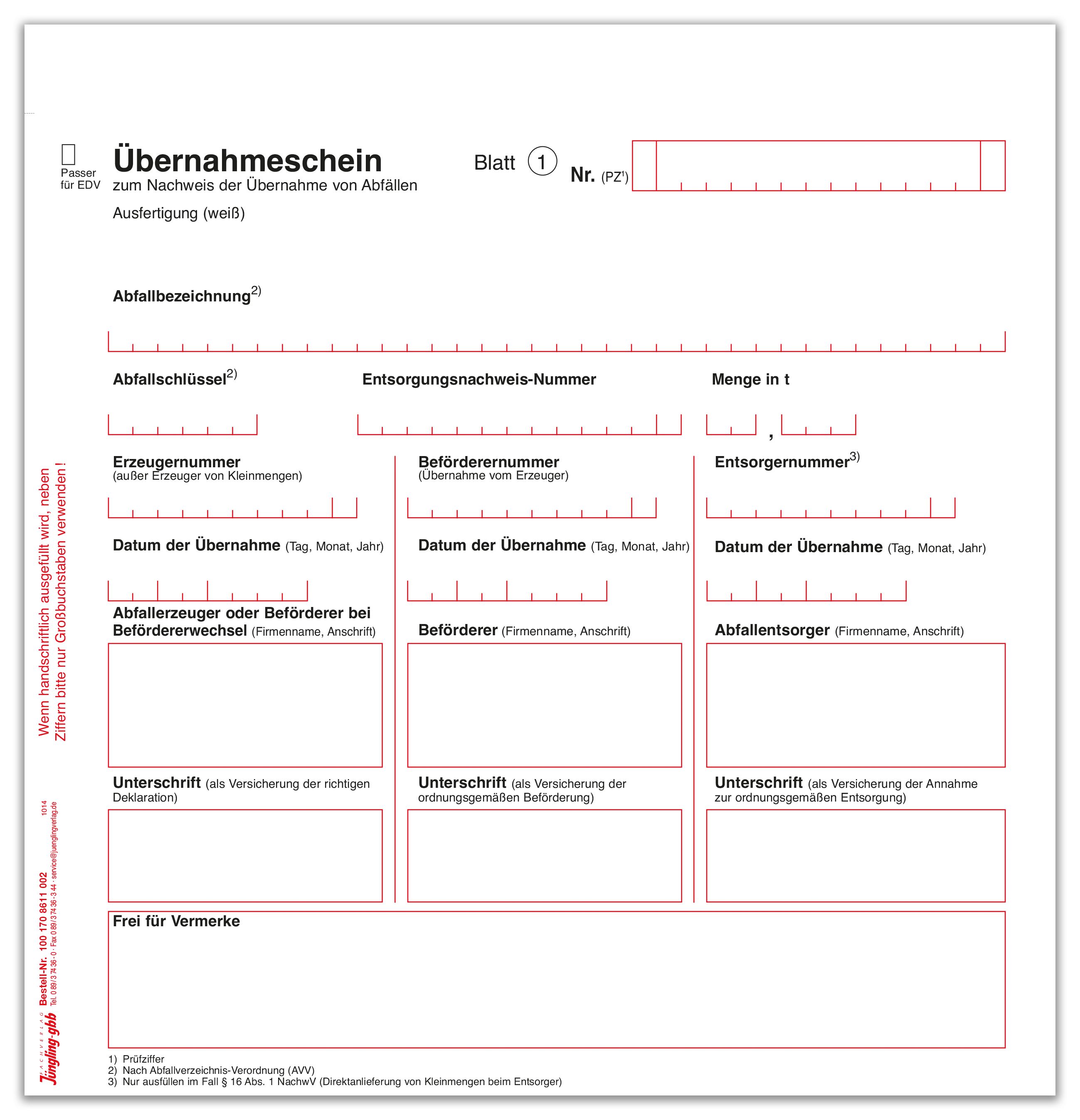 Übernahmeschein, laserdruckergeeignet, ohne Nummerierung, 2-fach SD