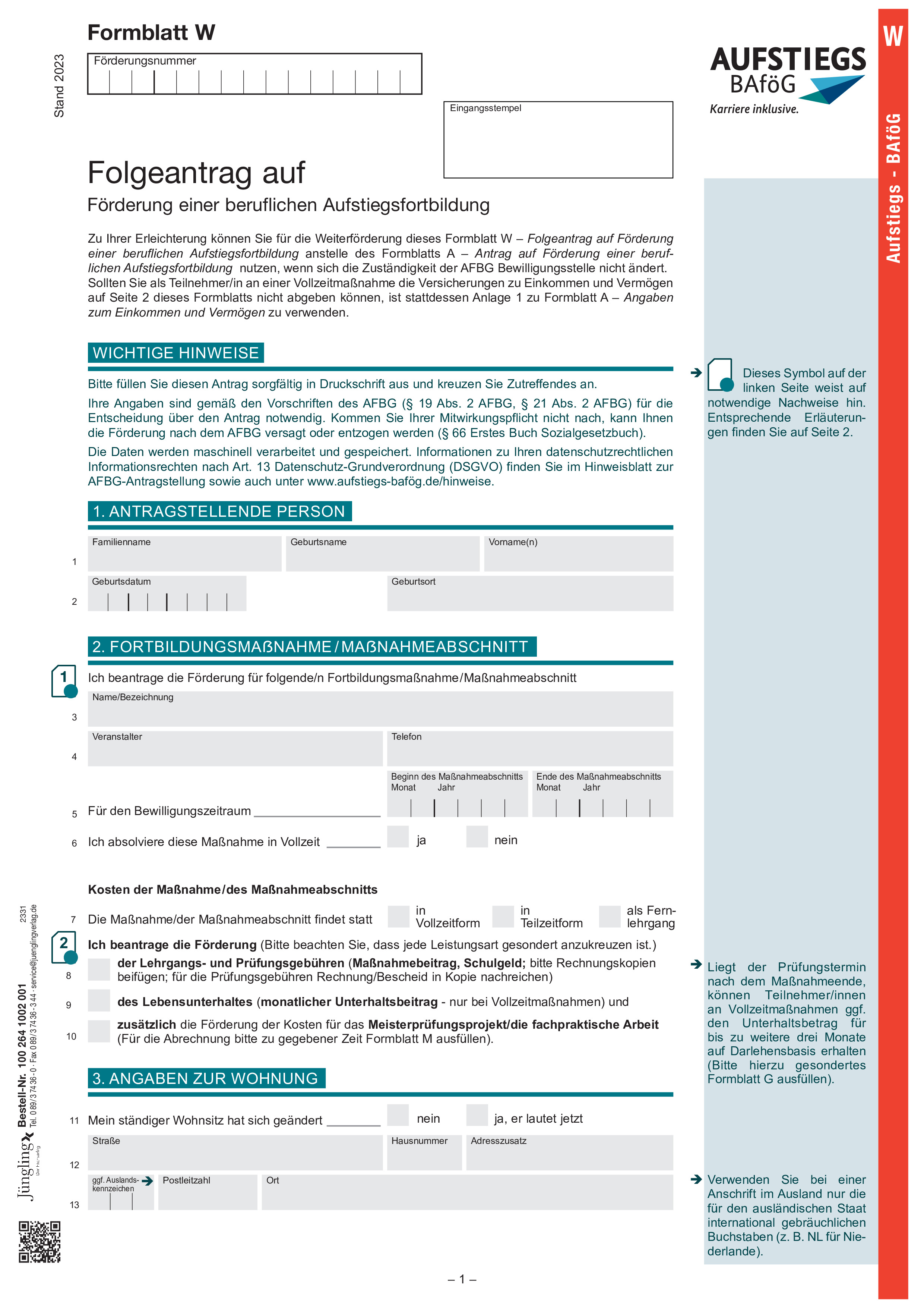Formblatt W - Folgeantrag auf Förderung einer beruflichen Aufstiegsfortbildung
