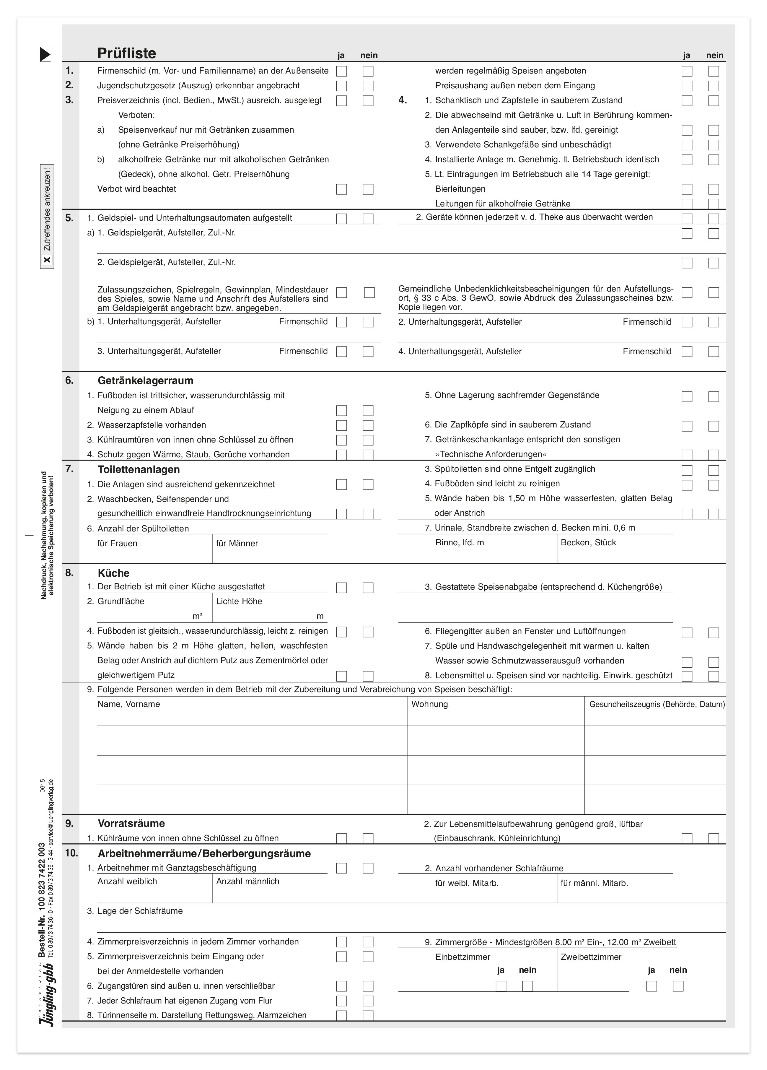 Prüfliste Prüfbericht Gaststättenbetrieb, A4, dreifach Prüfliste Prüfbericht Gaststättenbetrieb, A4, dreifach
