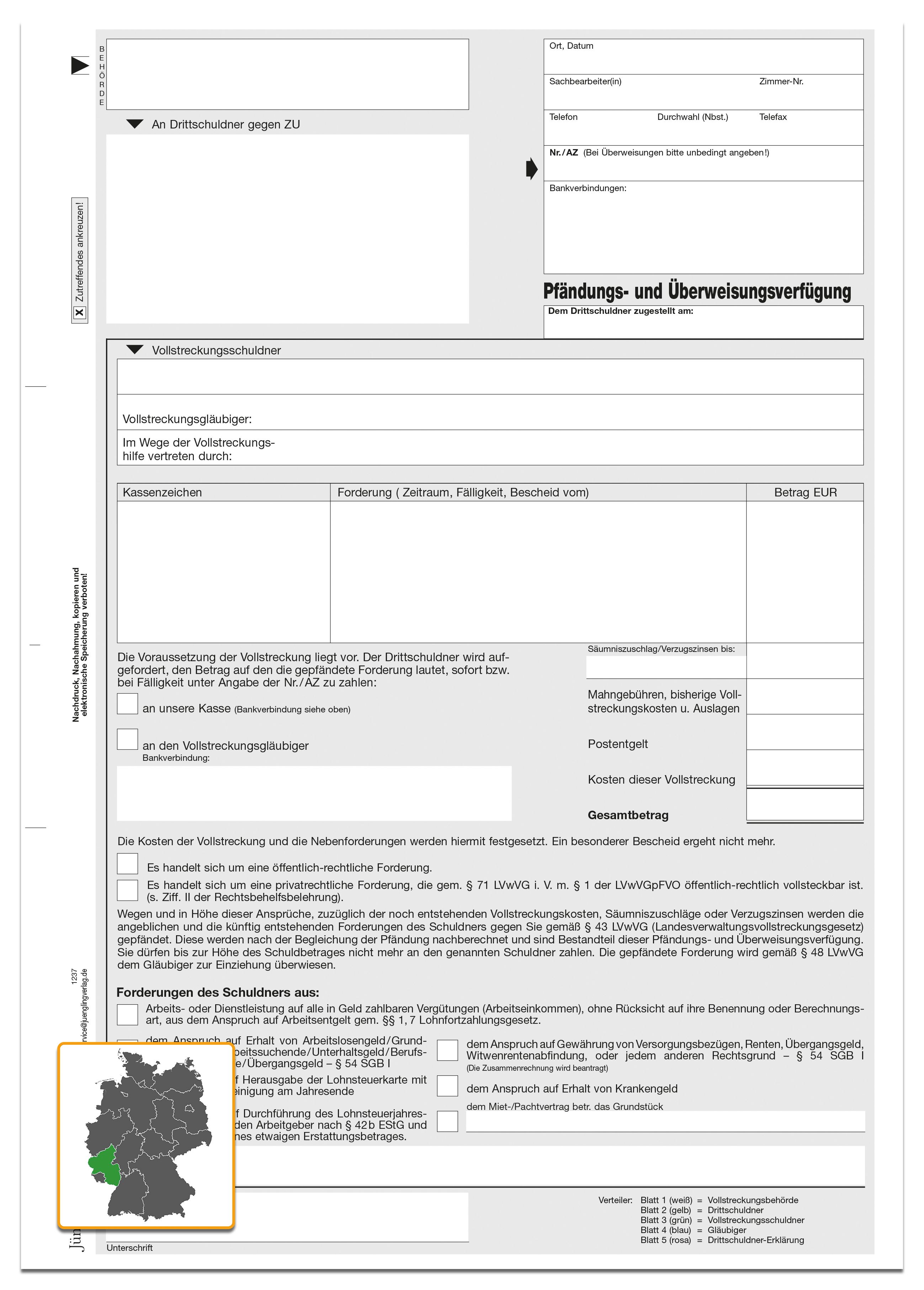 Pfändungs- und Überweisungsverfügung Lohnpfändung (Rheinland-Pfalz), A4 5-fach