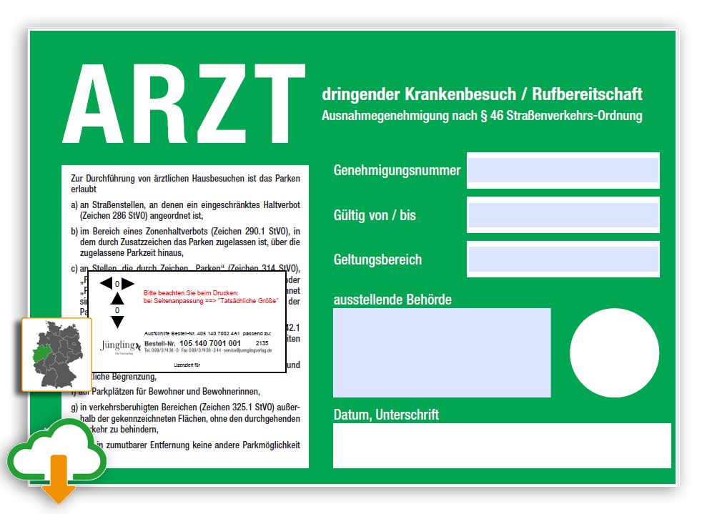 Ausfüllhilfe Parkausweis Arzt NRW, A5, grün