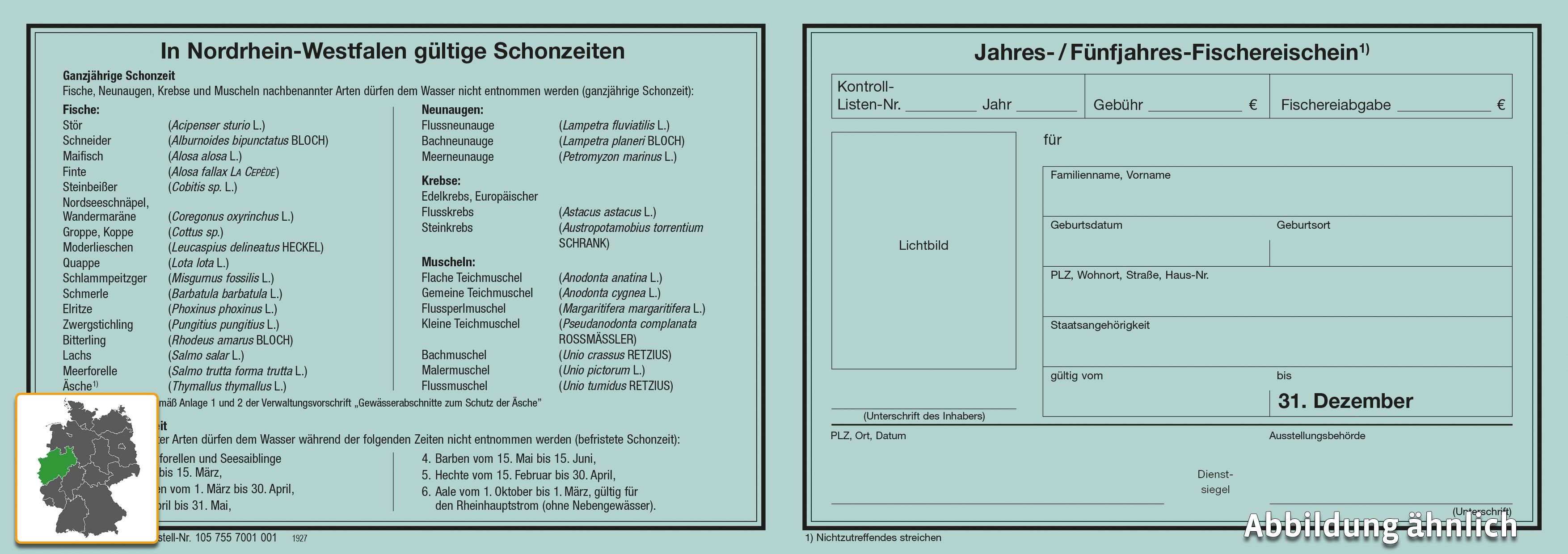 Jahres- / Fünfjahres - Fischereischein, 297 x 105 mm, Schreibleinen blau