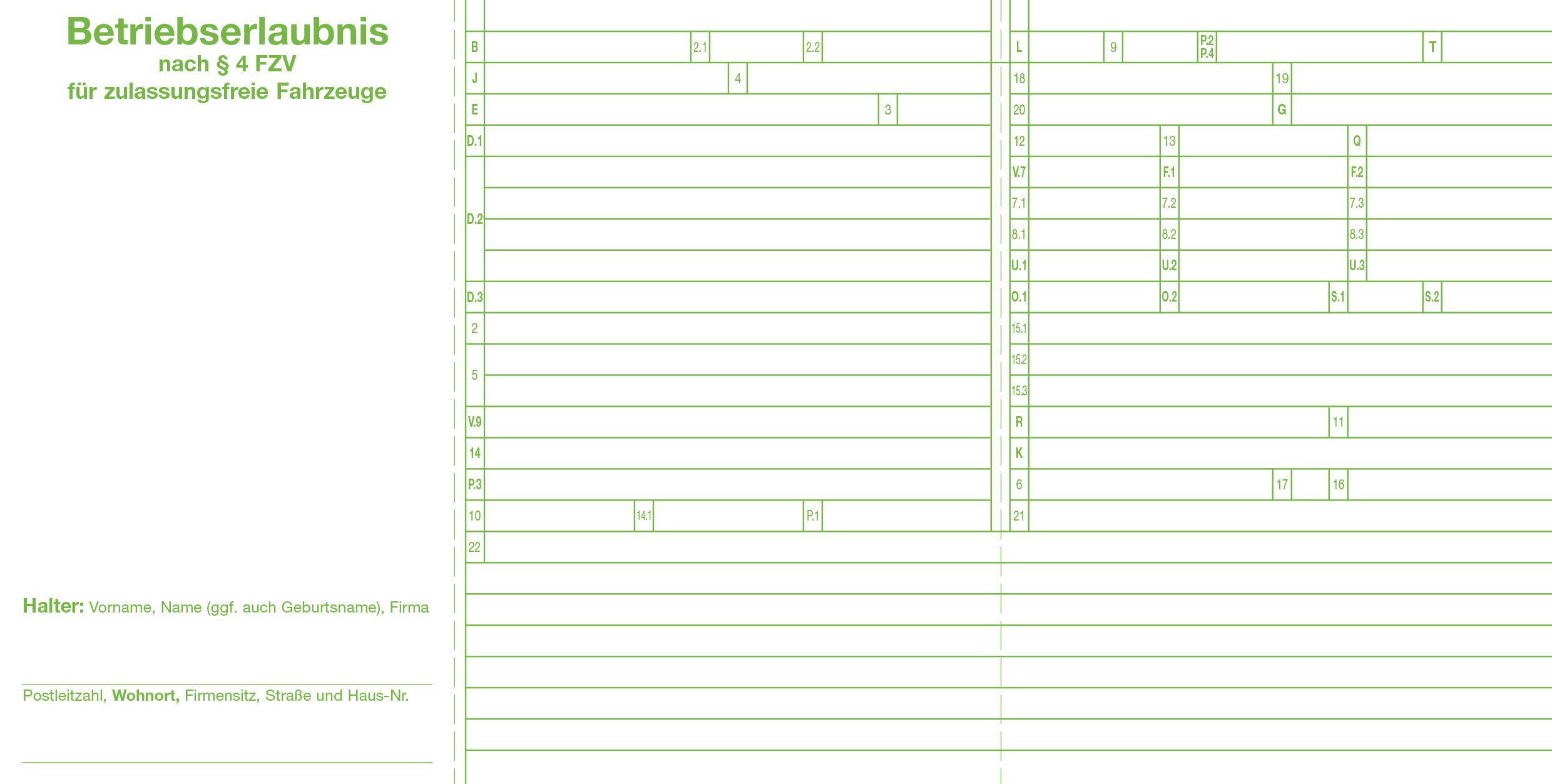 Betriebserlaubnis nach § 4 FZV für zulassungsfreie Fahrzeuge, VKE à 50