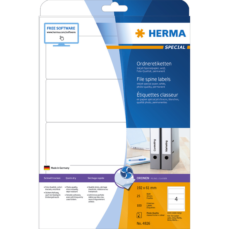 HERMA Ordneretiketten 4826, PC-bedruckbar, breit / kurz, weiß, B x H: 61 x 192 mm, Pack: 100 Stück
