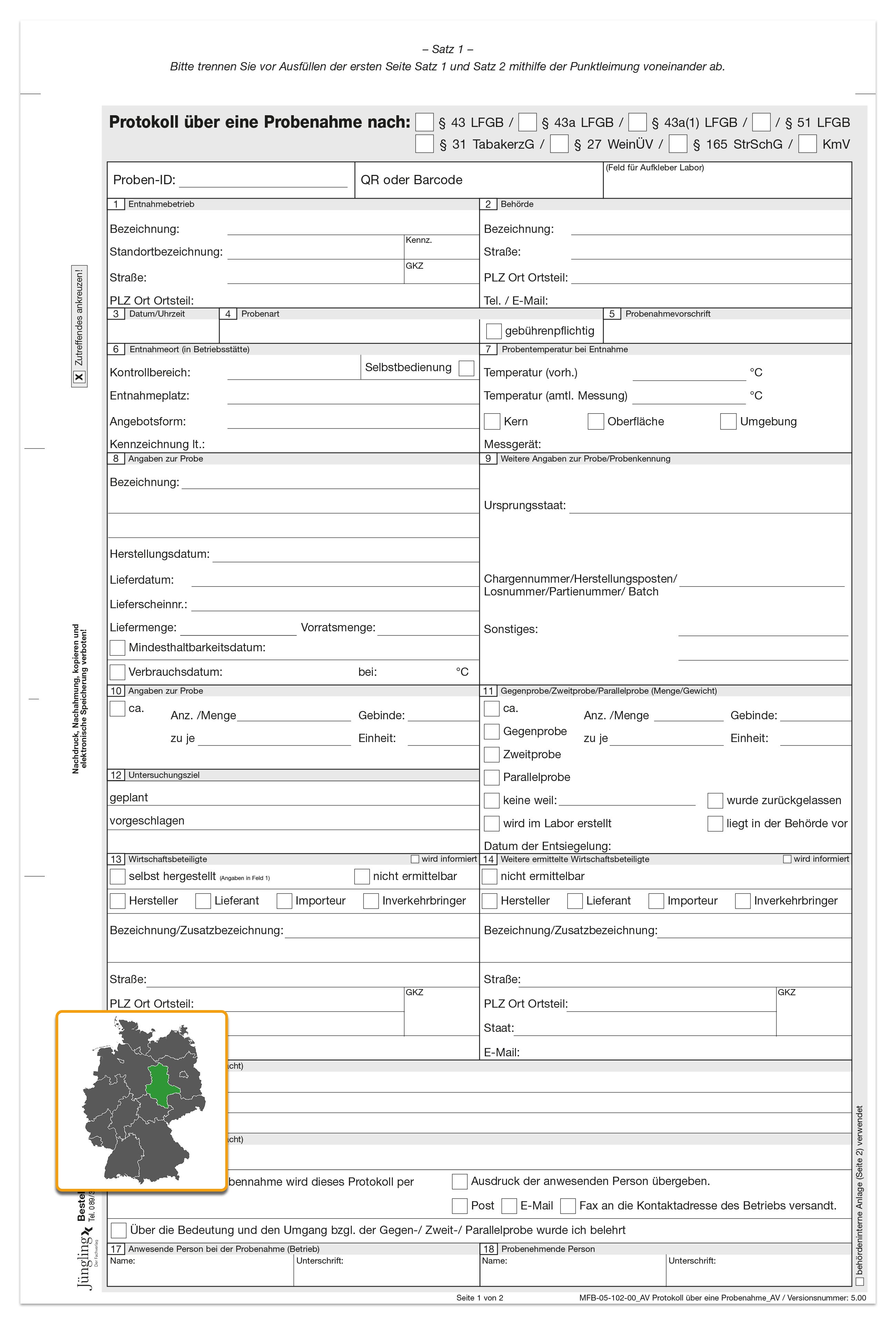 Protokoll Probenahme MFB_05_102_00_AV, Version 5.00, 2-seitig, je 3-fach, A4, SD