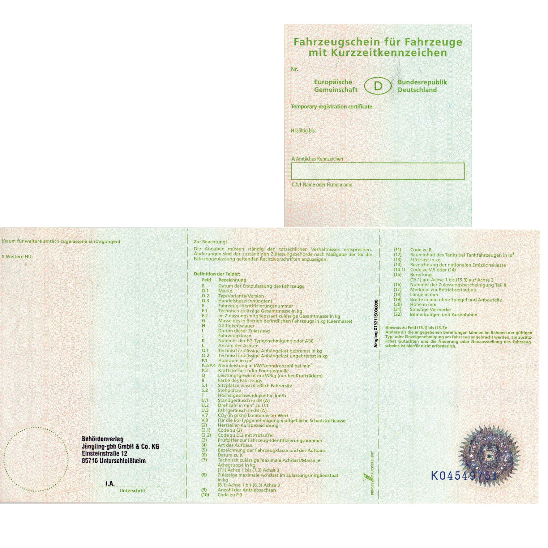 Fahrzeugschein für Fahrzeuge mit Kurzzeitkennzeichen