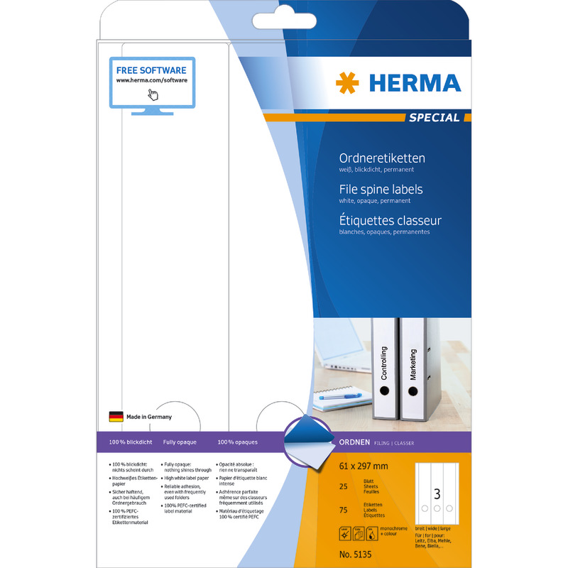 HERMA Ordneretiketten 5135, PC-bedruckbar, breit / lang, weiß, B x H: 61 x 297 mm, Pack: 75 Stück