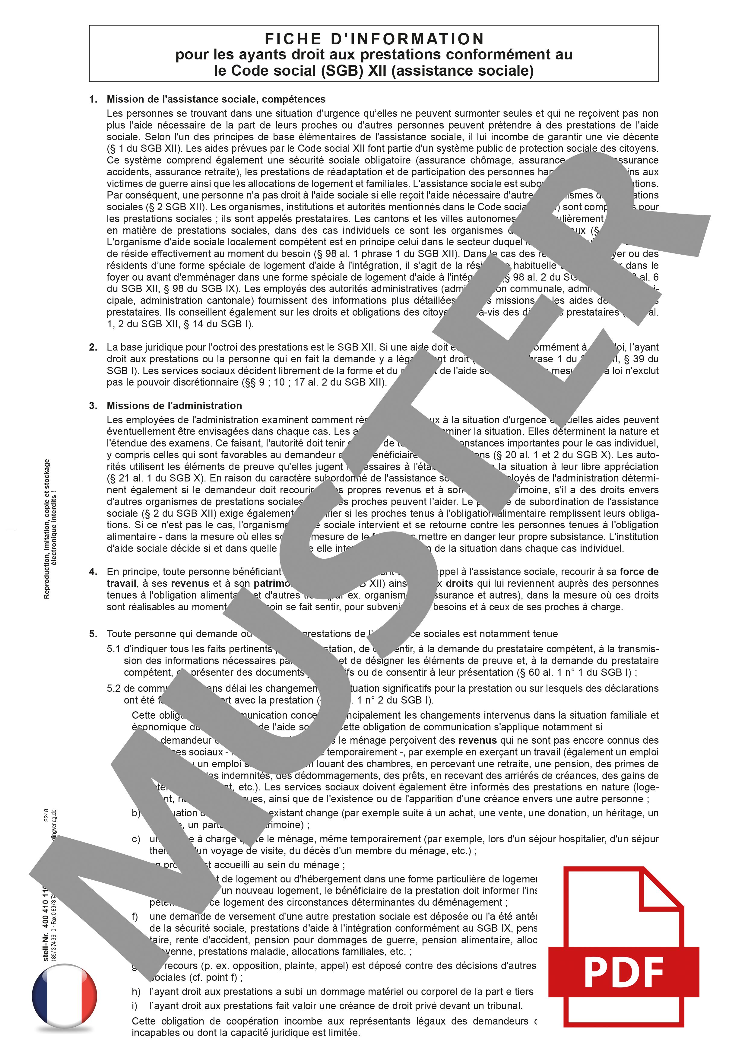 Merkblatt für Leistungsberechtigte nach dem SGB XII, Französisch, PDF Merkblatt für Leistungsberechtigte nach dem SGB XII, Französisch, PDF