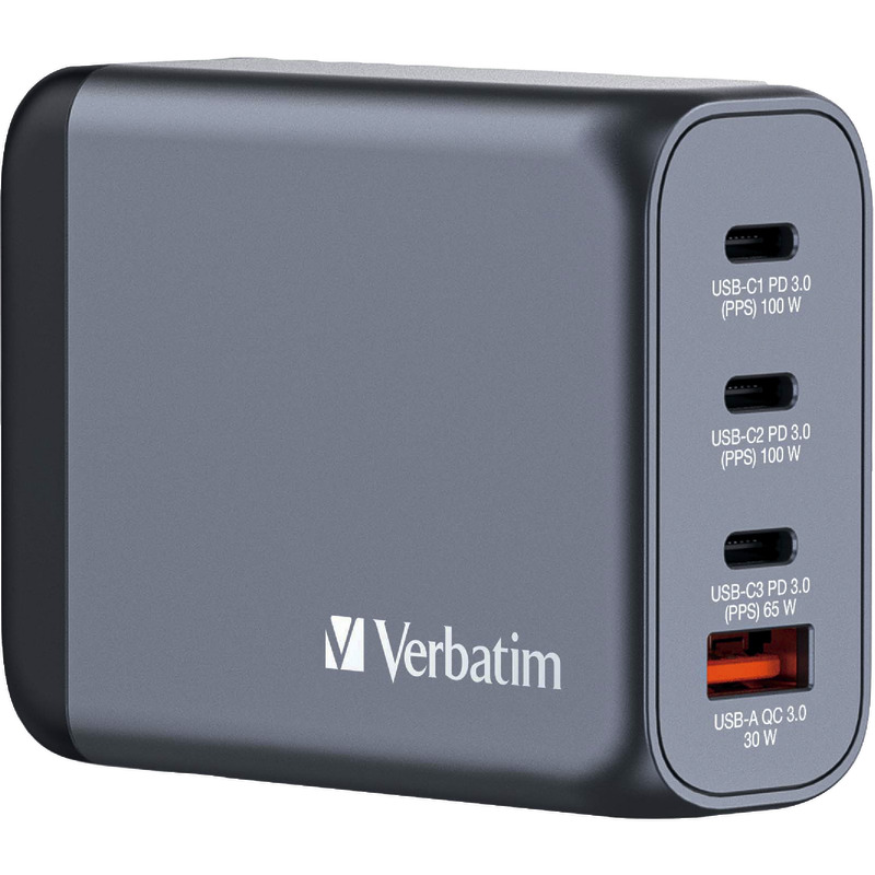 Verbatim Ladeadapter, Universal, GNC-100, GaN, 100W, grau, 1x USB-A QC, 3x USB-C PD, Retail