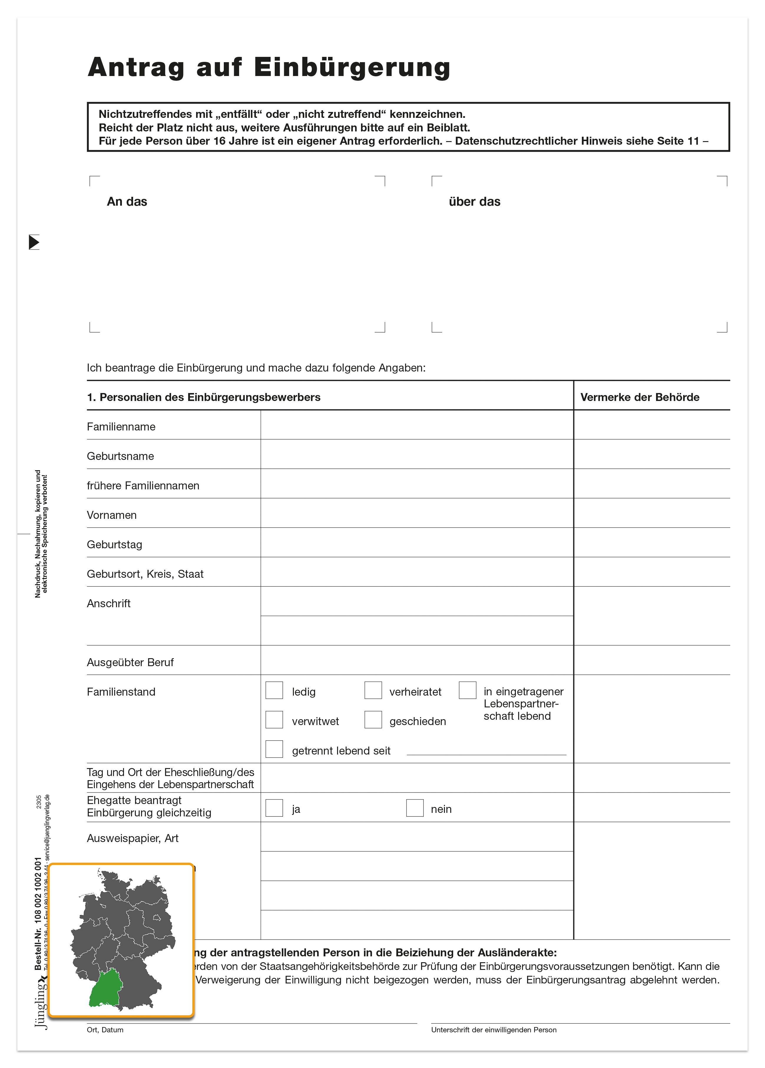 Einbürgerungsantrag (Variante) für Baden-Württemberg, A4 12-seitig