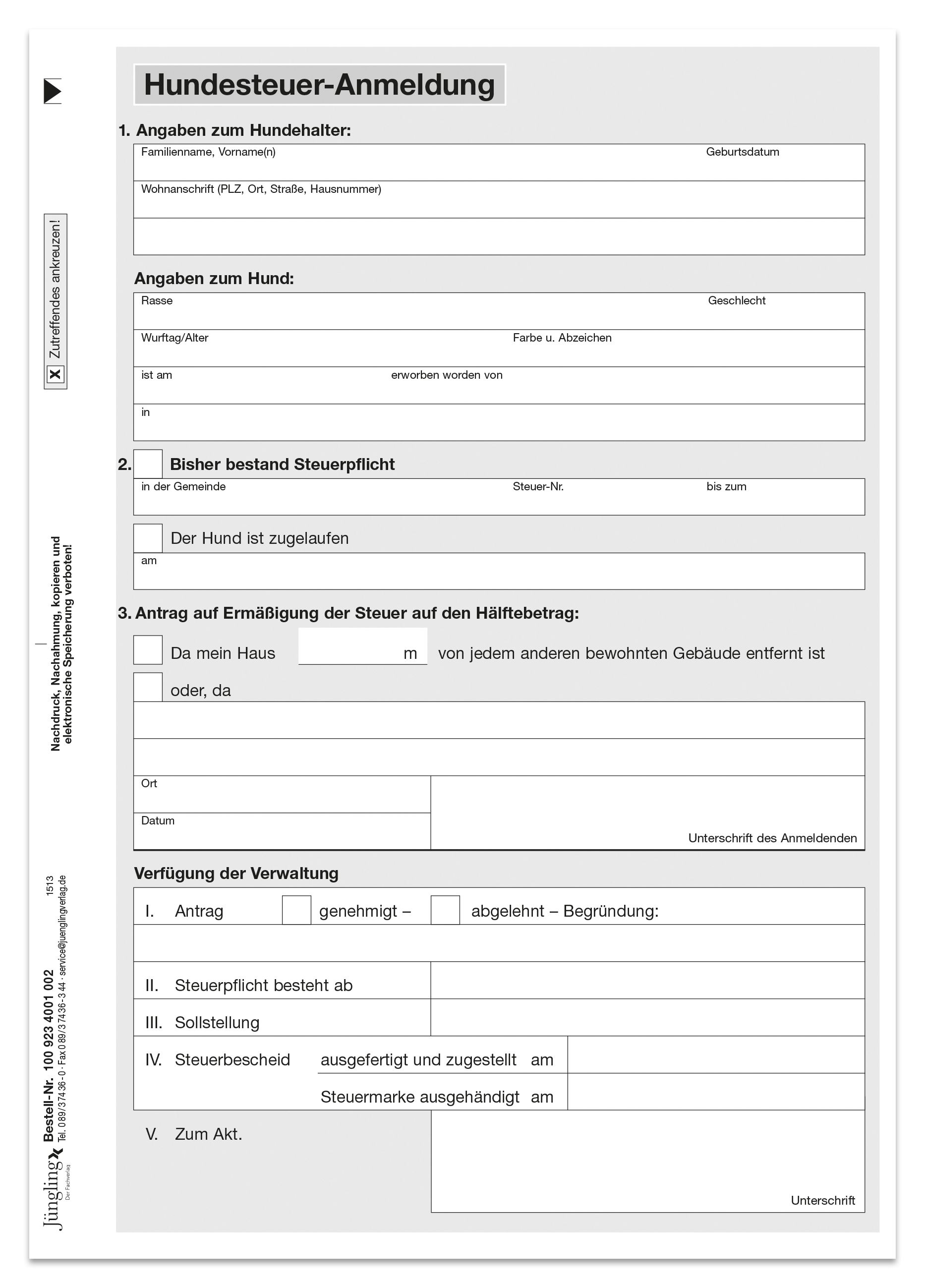Hundesteuer-Anmeldung mit SEPA-Lastschriftmandat, DIN A5, 2fach Hundesteuer-Anmeldung mit SEPA-Lastschriftmandat, DIN A5, 2fach
