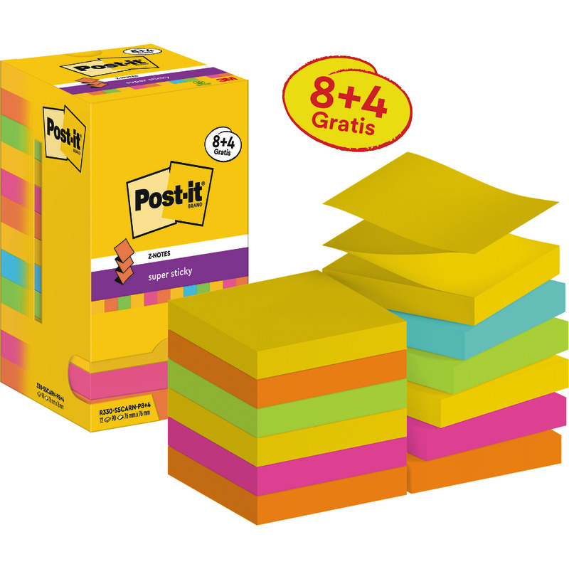 8 + 4 GRATIS! 12 Blöcke Post-it® Haftnotizen Super Sticky Z-Notes, 76 x 76 mm, farbsortiert - Carnival bunt