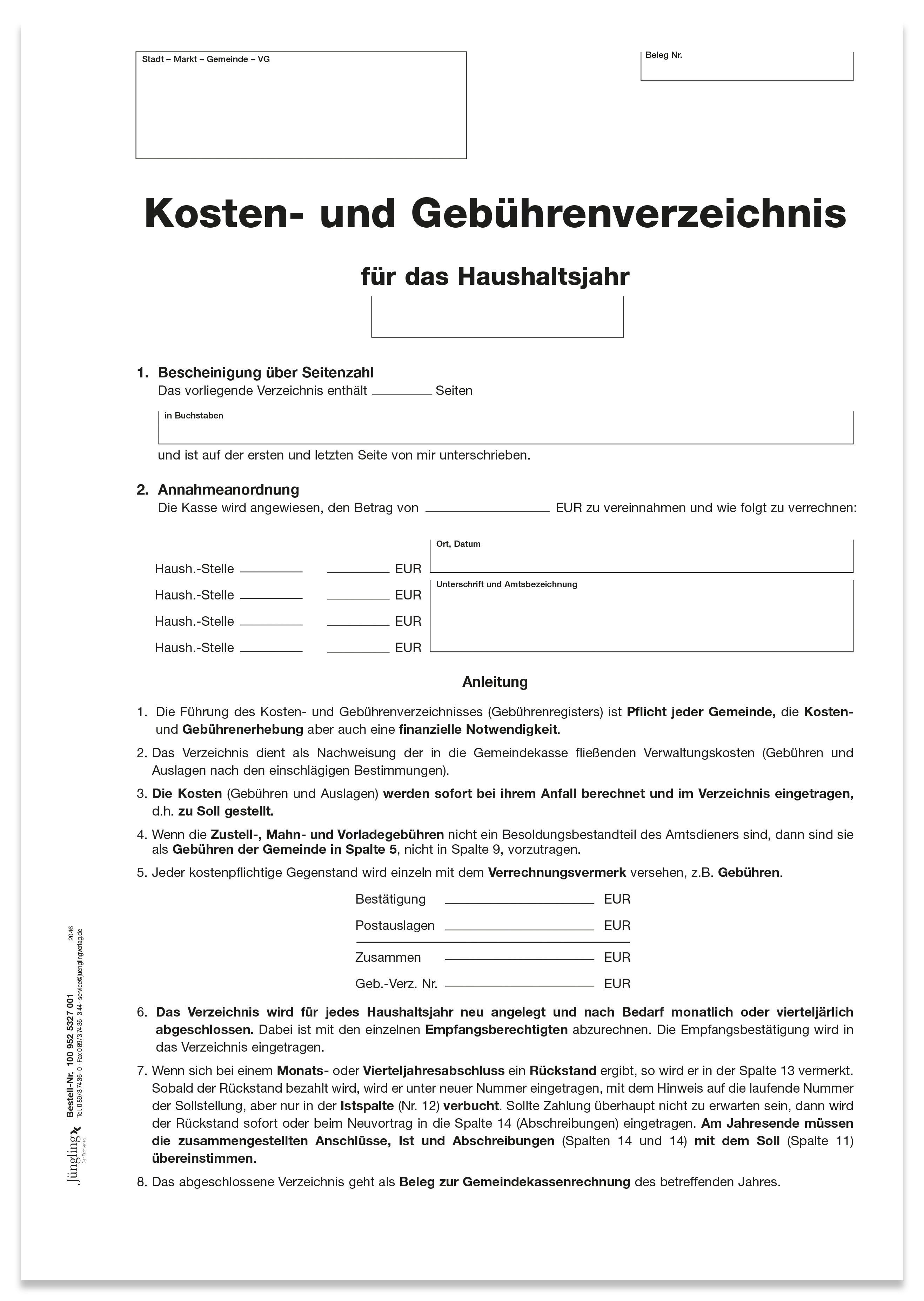 Kosten- und Gebührenverzeichnis -Titelbogen- DIN A4, 4-seitig