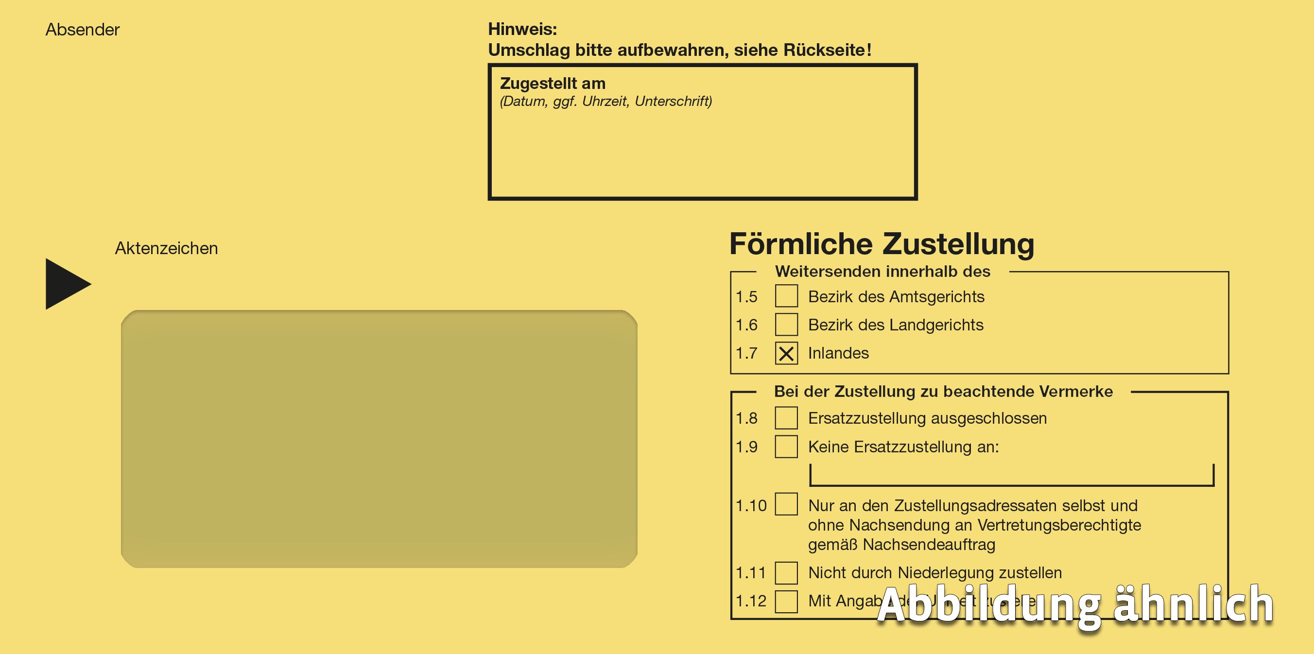 Förmliche Zustellung: Innerer Umschlag, haftklebend, mit Fenster (Zustellung Inland angekreuzt)