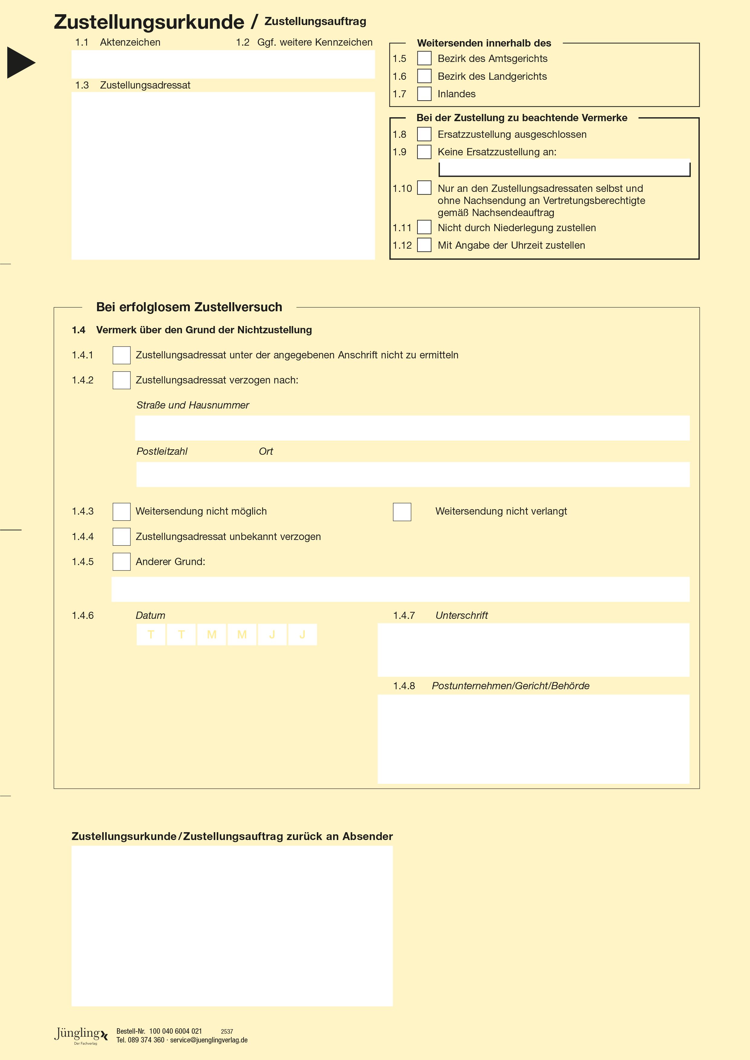 Zustellungsurkunde A4, gelb, laserdruckergeeignet, ohne Eindruck