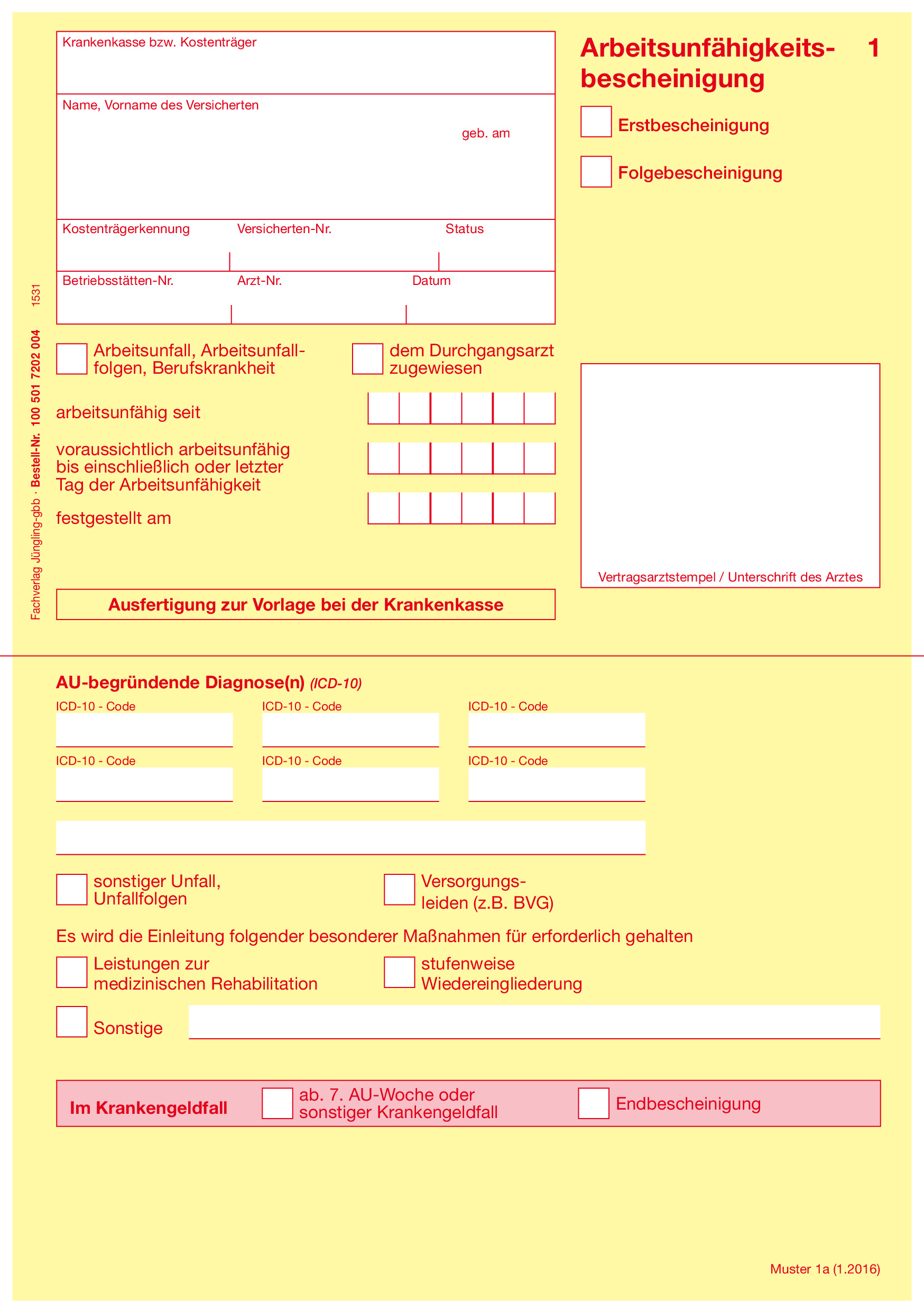 Arbeitsunfähigkeitsbescheinigung für Kassenärzte, 4-fach, SD, A5