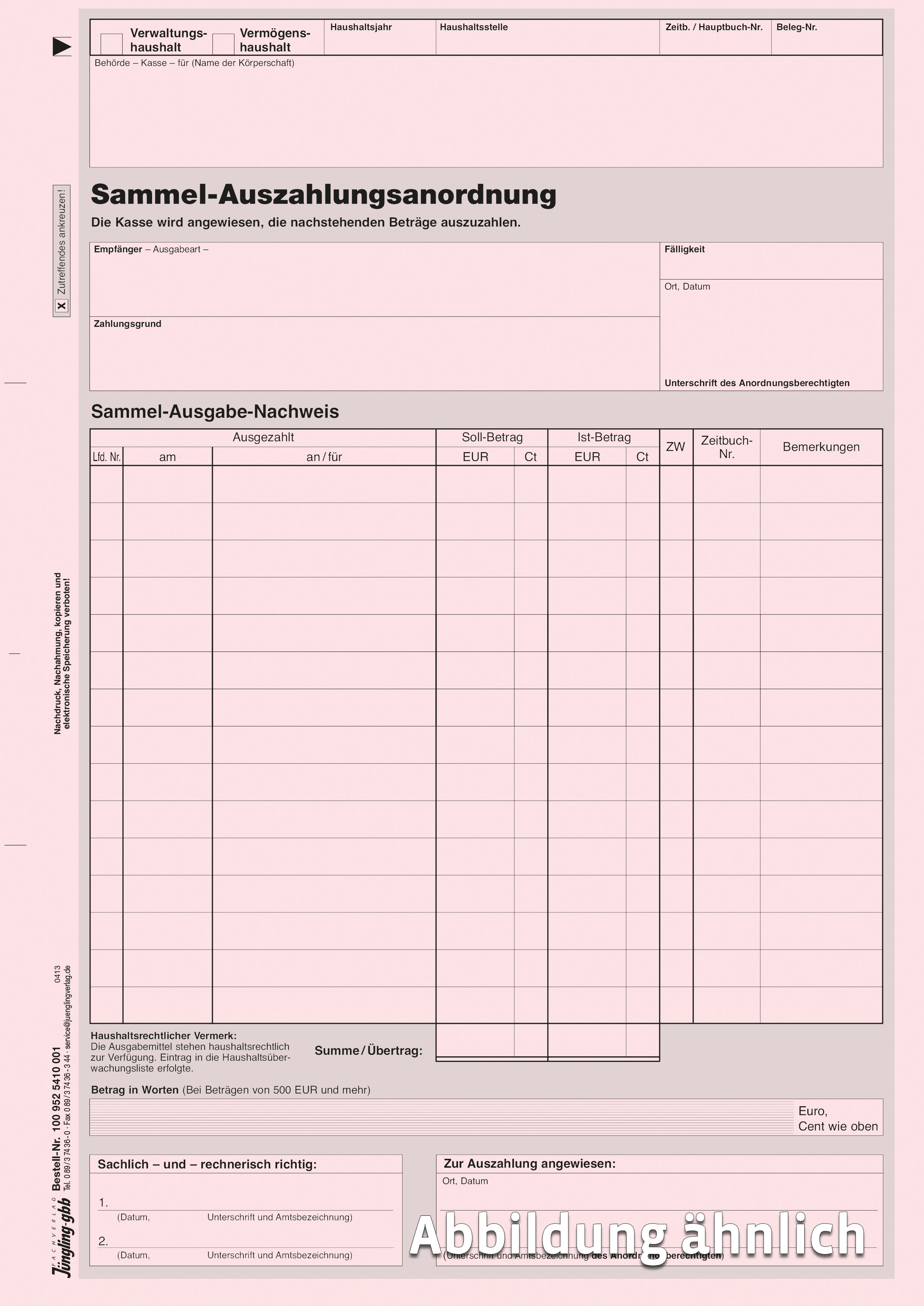 Sammel-Auszahlungs-Anordnung, rosa Karton, DIN A4 Sammel-Auszahlungs-Anordnung, rosa Karton, DIN A4