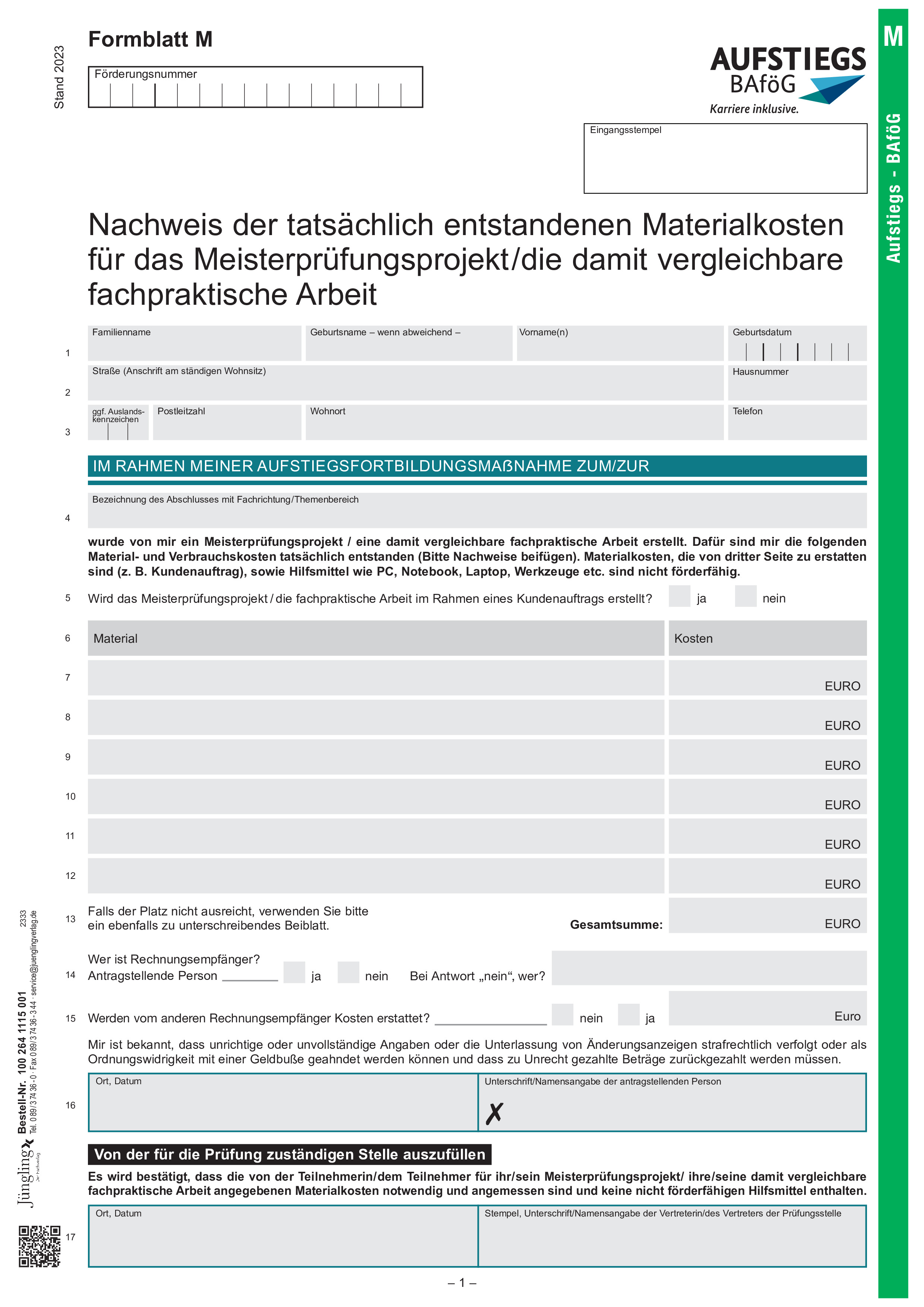 Formblatt M - Nachweis Materialkosten Meisterprüfungsobjekt / fachpraktische Arbeit, grün, A4, 1seitig, mit Lochung