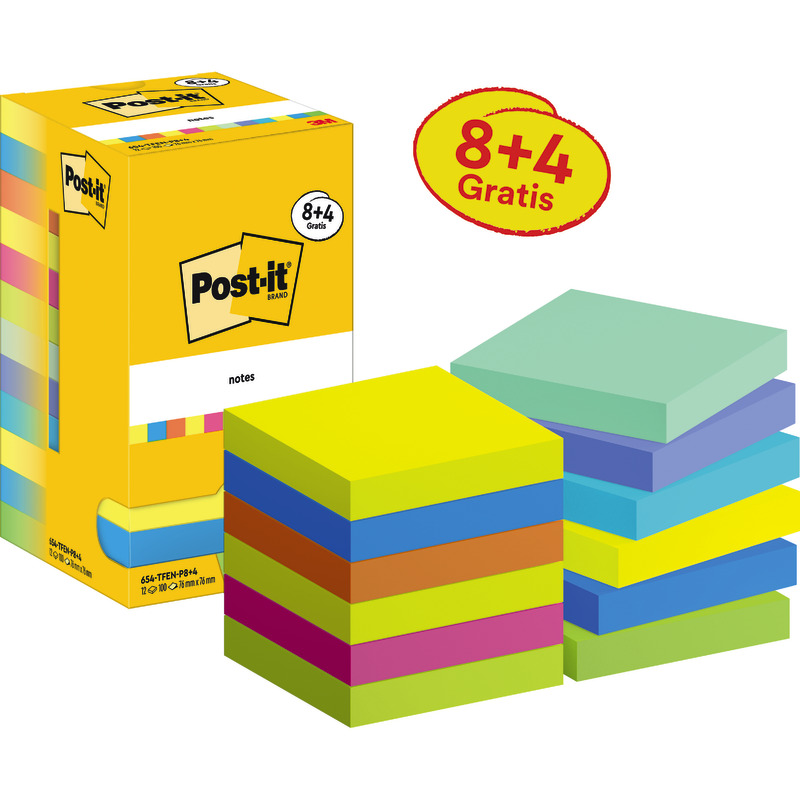 Post-it® Notes, Energetic Collection, 76 mm x 76 mm, 100 Blatt/Block, 8 Blöcke + 4 Gratis/Packung