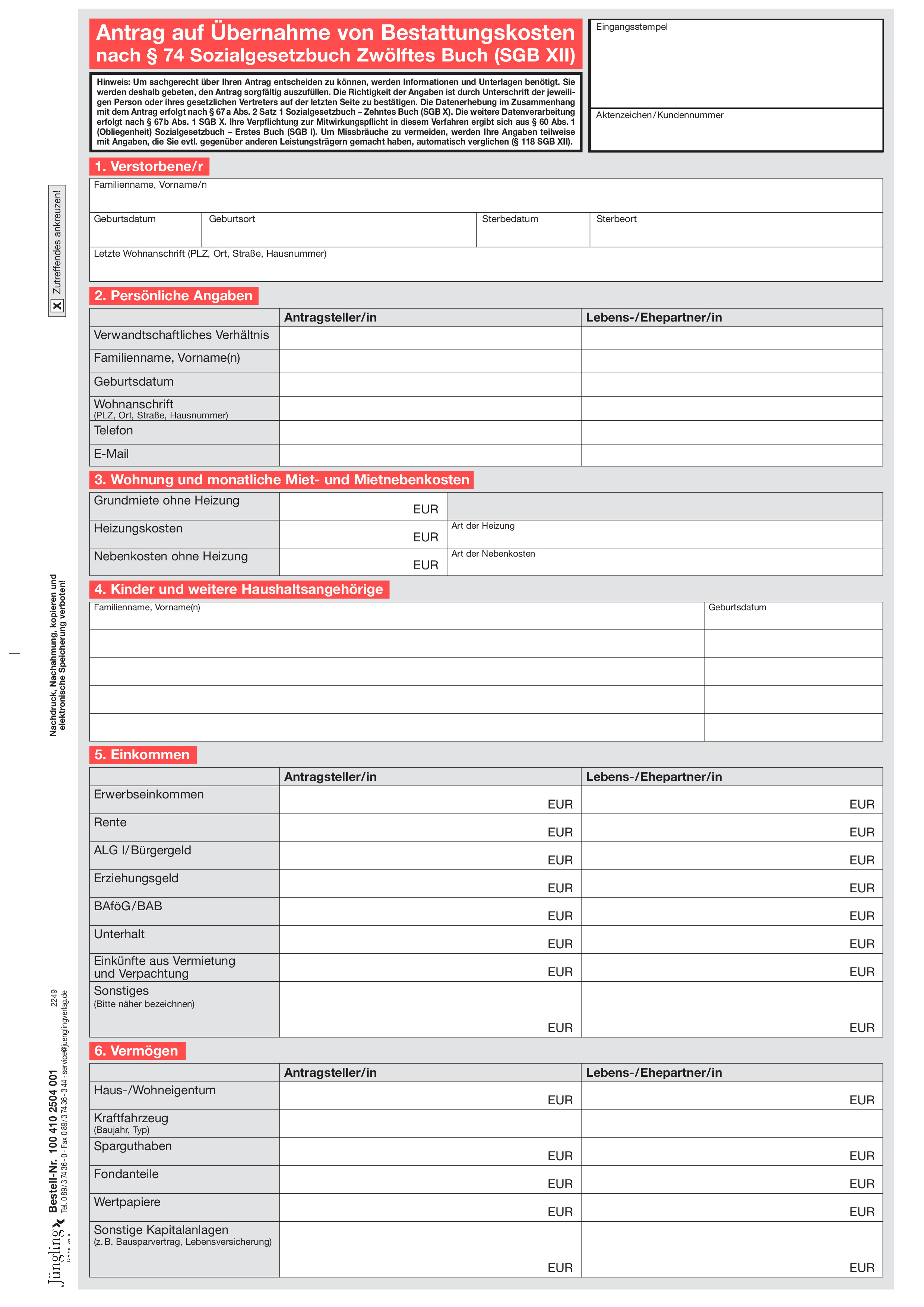 Antrag auf Übernahme von Bestattungskosten nach § 74 SGB XII, A4