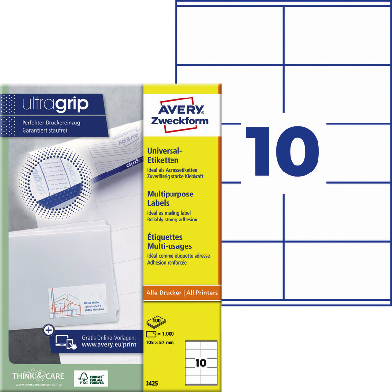 AVERY® Zweckform Universal-Etiketten 3425, permanent haftend, weiß, B x H: 105 x 57 mm, Pack: 1.000 Stück
