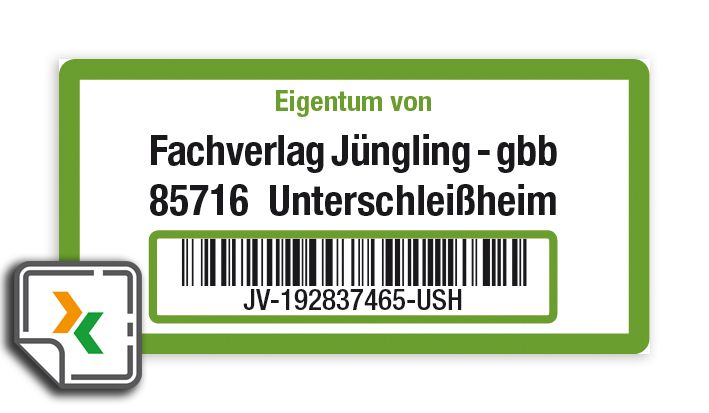 Inventaretikett, mit Barcode, Klarschrift oder Nummerierung, Farbe: grün