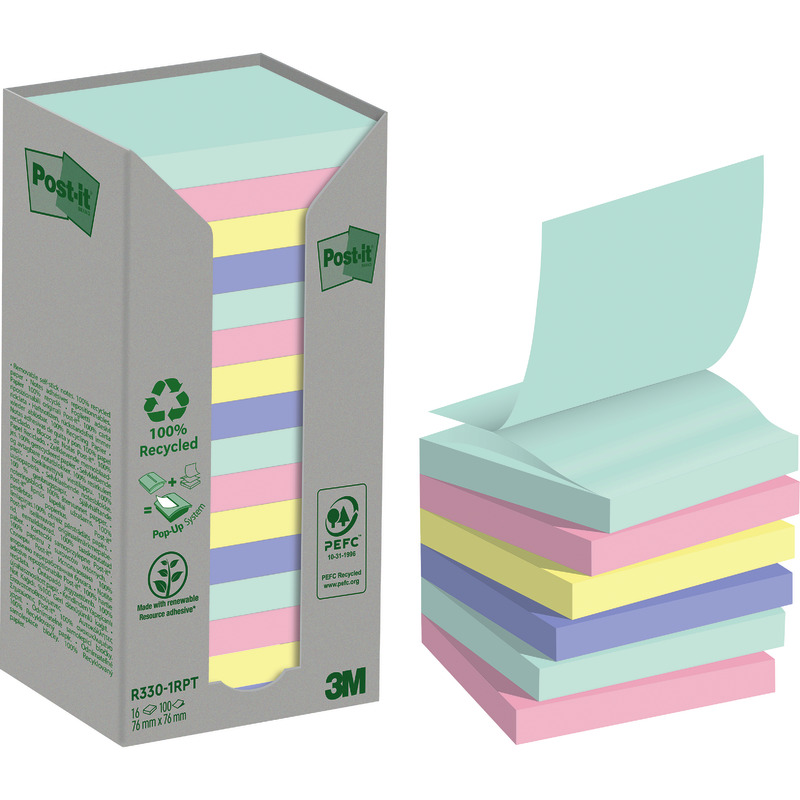 Post-it® Recycling  Z-Notes R330-1RPT, 76 x 76 mm, mint, hellblau, gelb, flamingopink, Packung: 16 Block