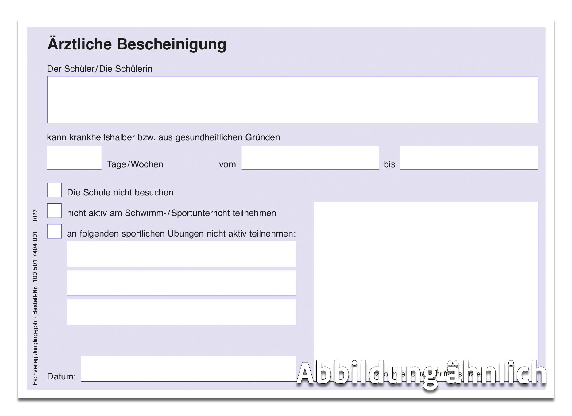 Ärztliche Bescheinigung Schul- / Sportunfähigkeit, flieder, A6, 2-farbig