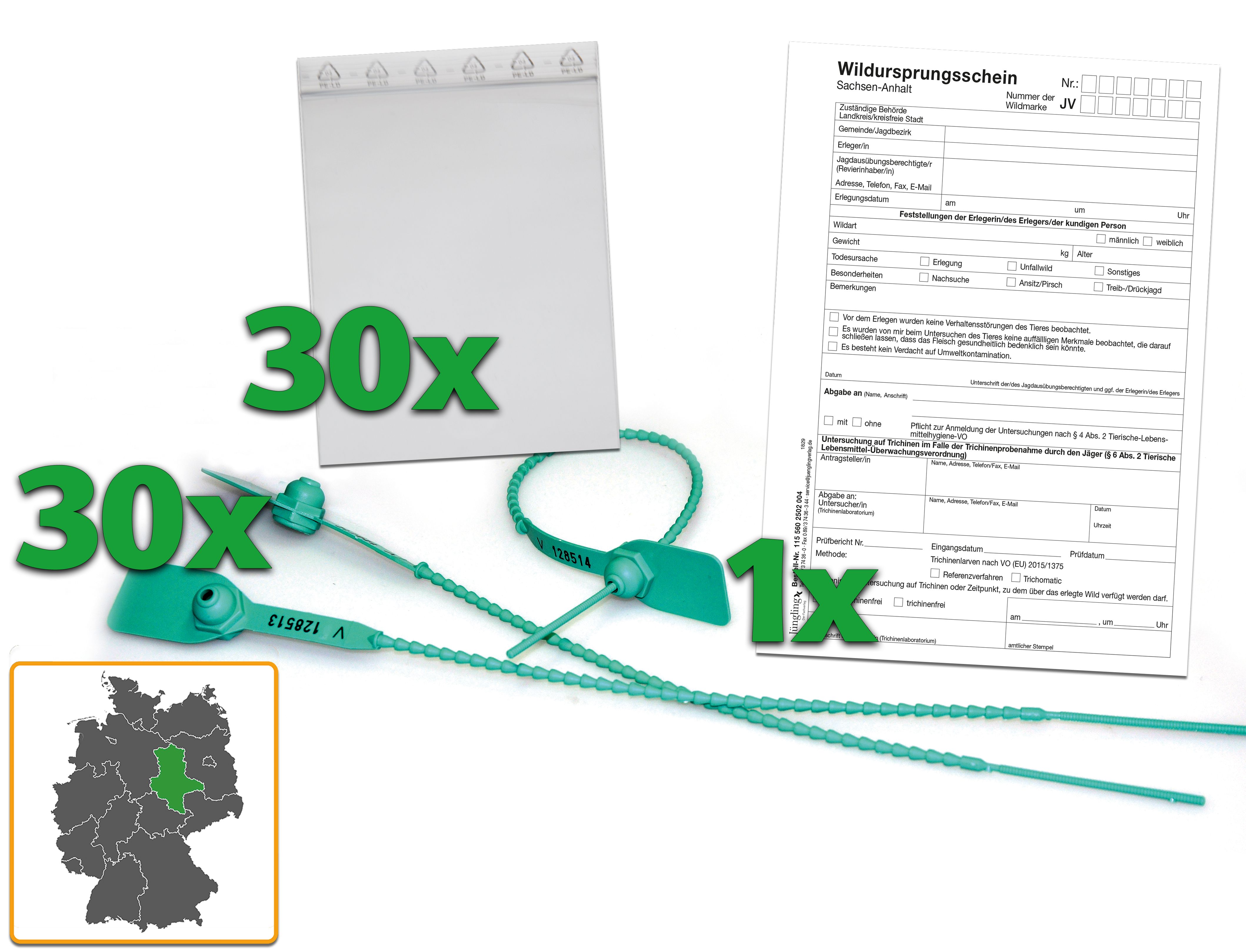 Starterpaket: Wildursprungsschein, Block à 30 Satz, 4-fach SD mit 30 Wildmarken und 30 Plastiktüten für Wildproben