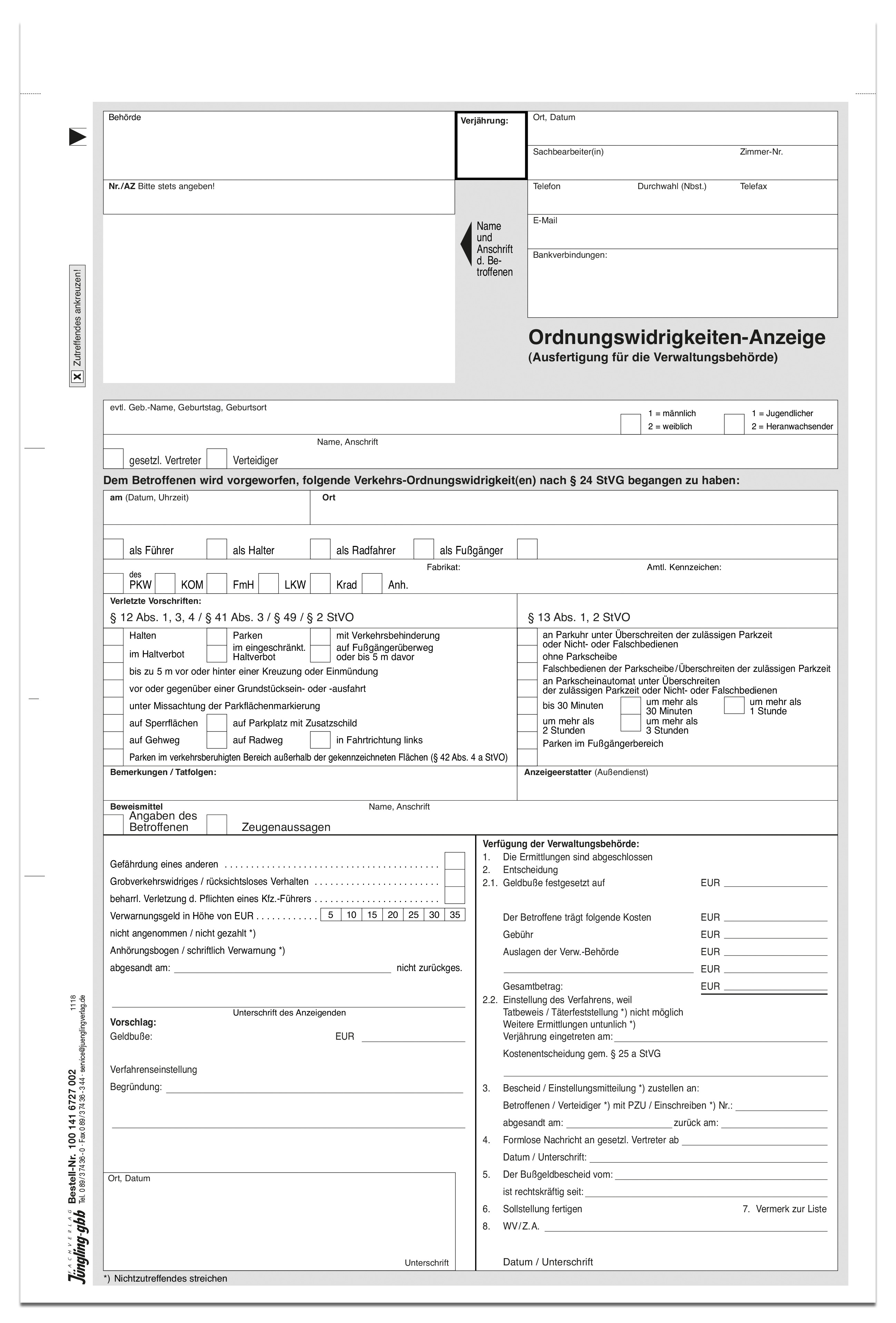 Ordnungswidrigkeiten-Anzeige, A4, 2-fach