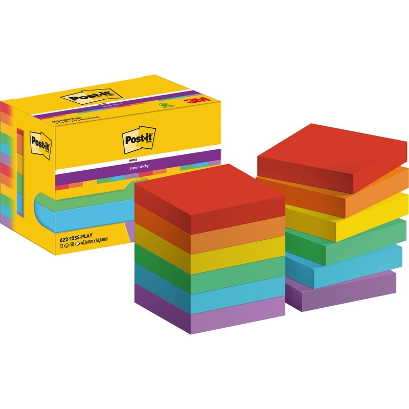 Post-it® Haftnotizen Super Sticky Notes, 48 x 48 mm, farbsortiert, 12 Blöcke - Playful bunt