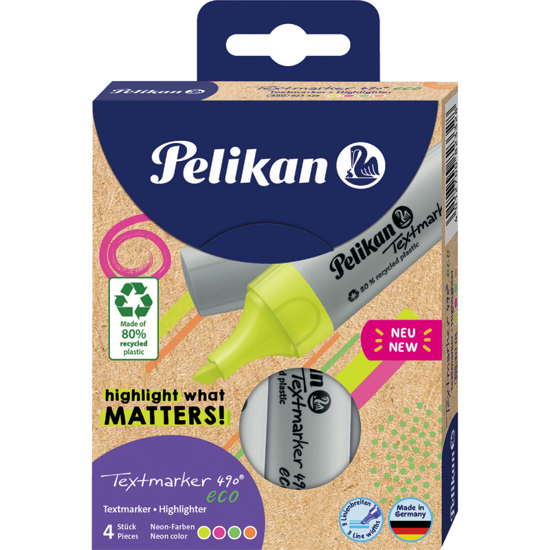 Pelikan Textmarker 490® eco Neon, 4er-Etui farbsortiert